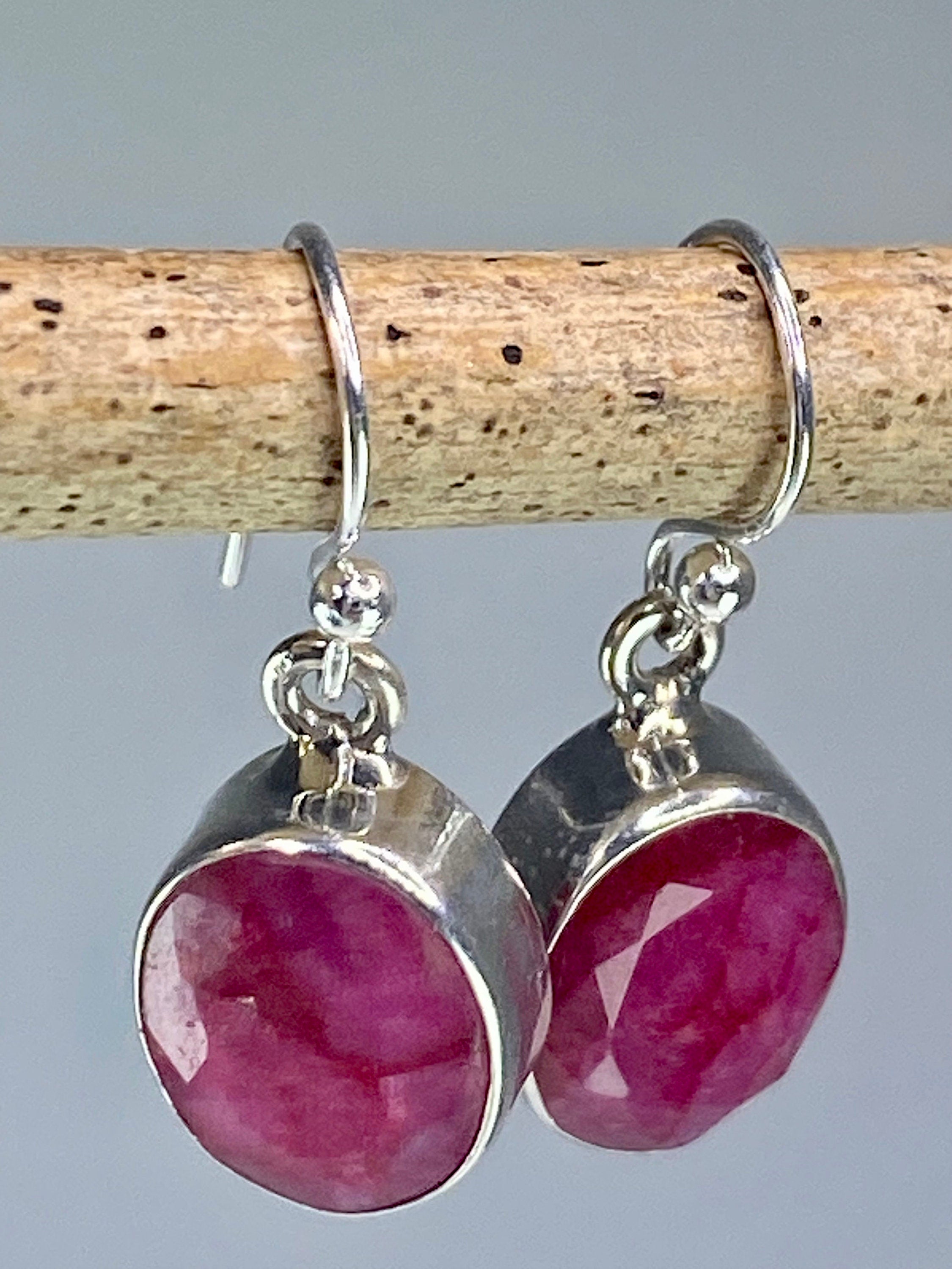 Raw Ruby and Silver Dangle Earrings (M)