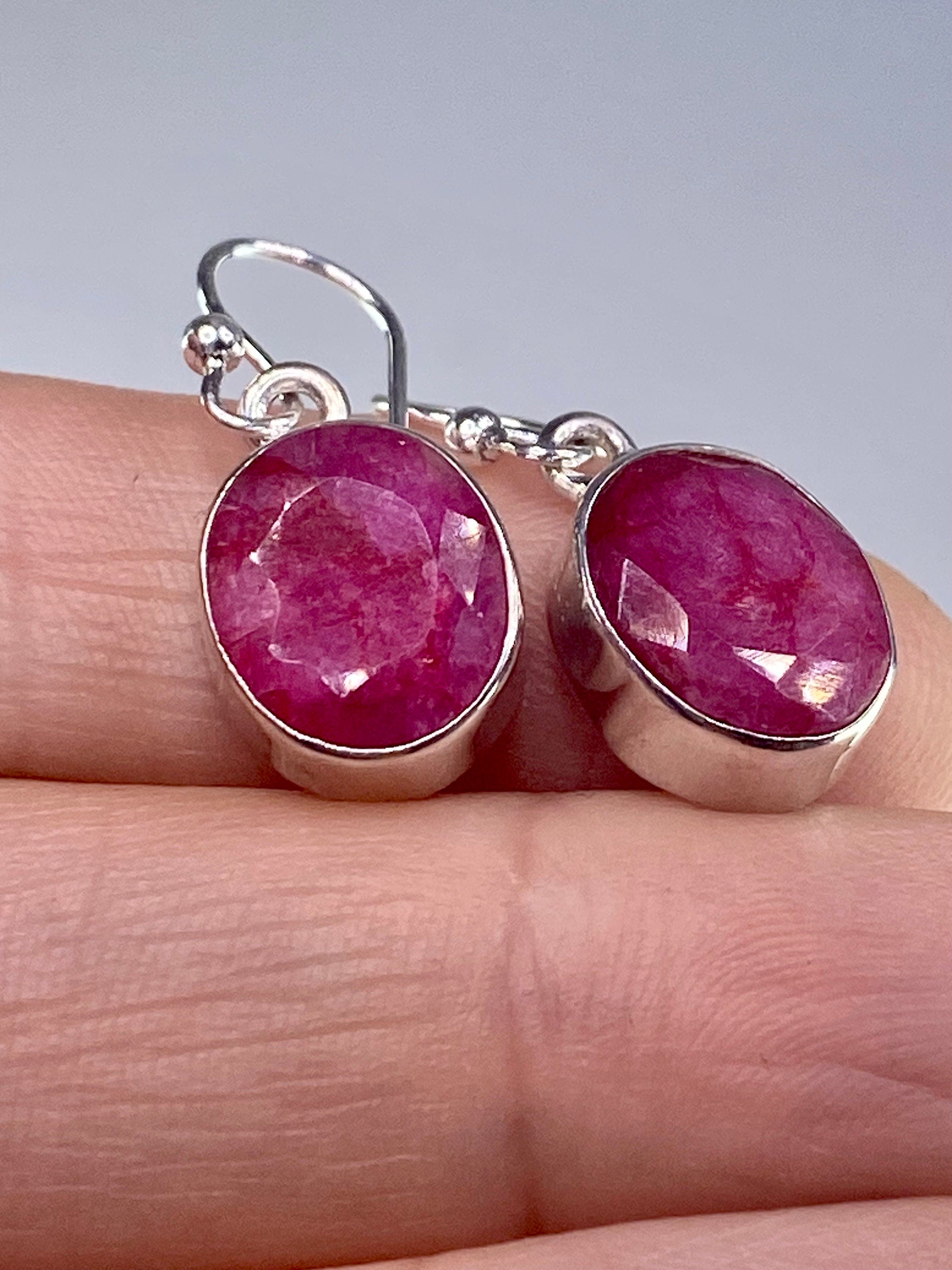Raw Ruby and Silver Dangle Earrings (M)