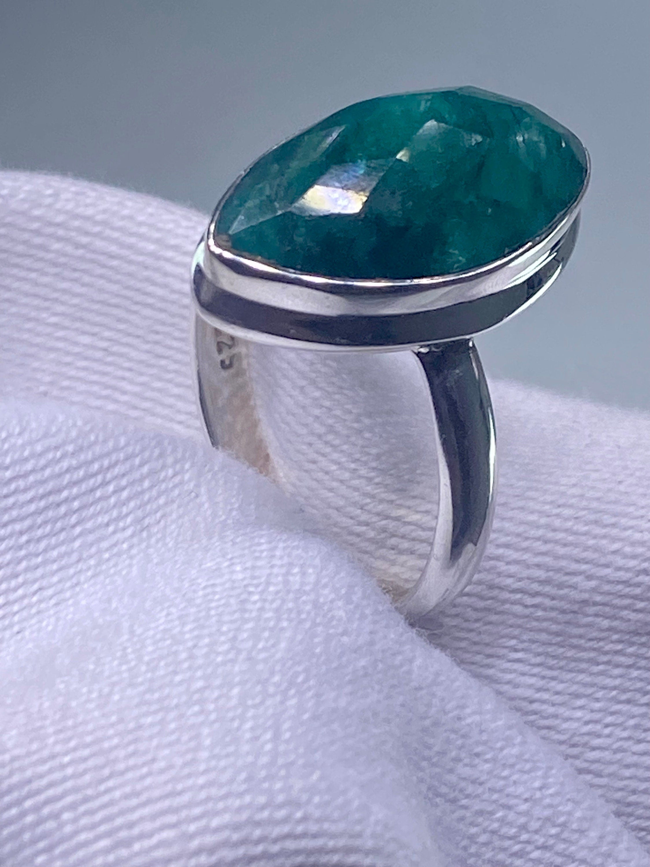 Raw Faceted Emerald and Silver Ring