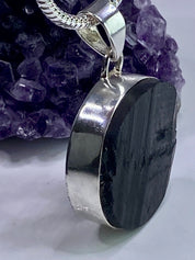 Natural Black Tourmaline and Silver Pendant (F)