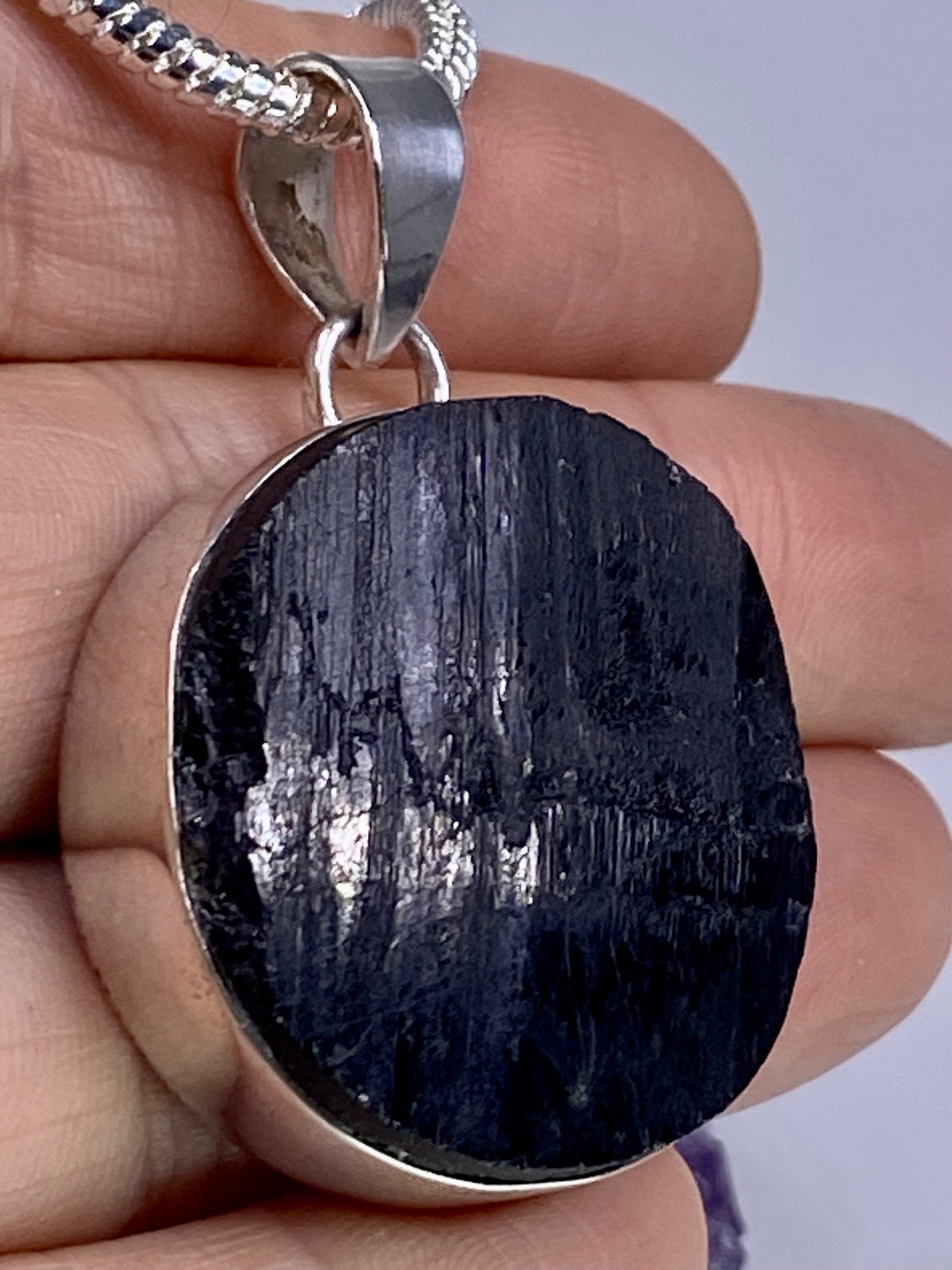 Natural Black Tourmaline and Silver Pendant (F)