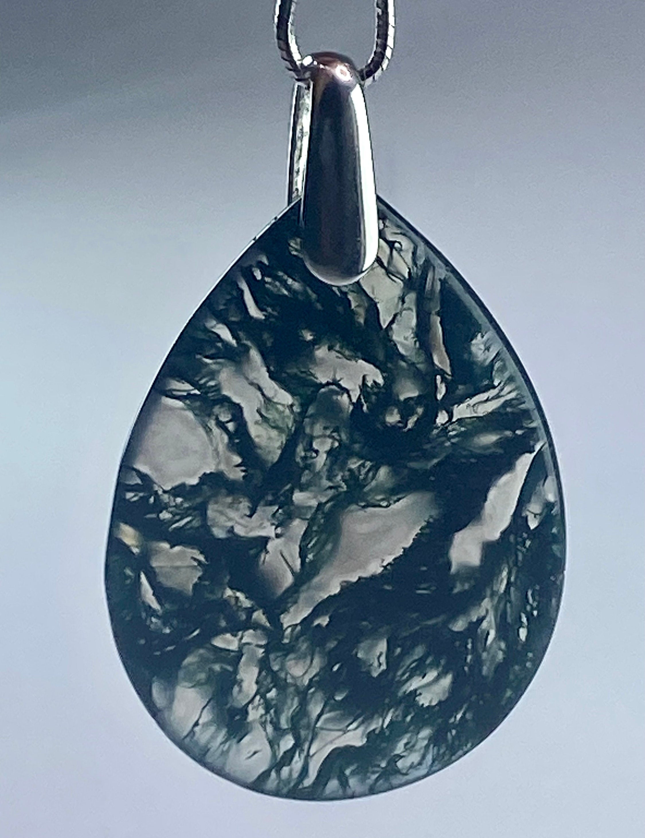 Moss Agate Silver Teardrop Pendant