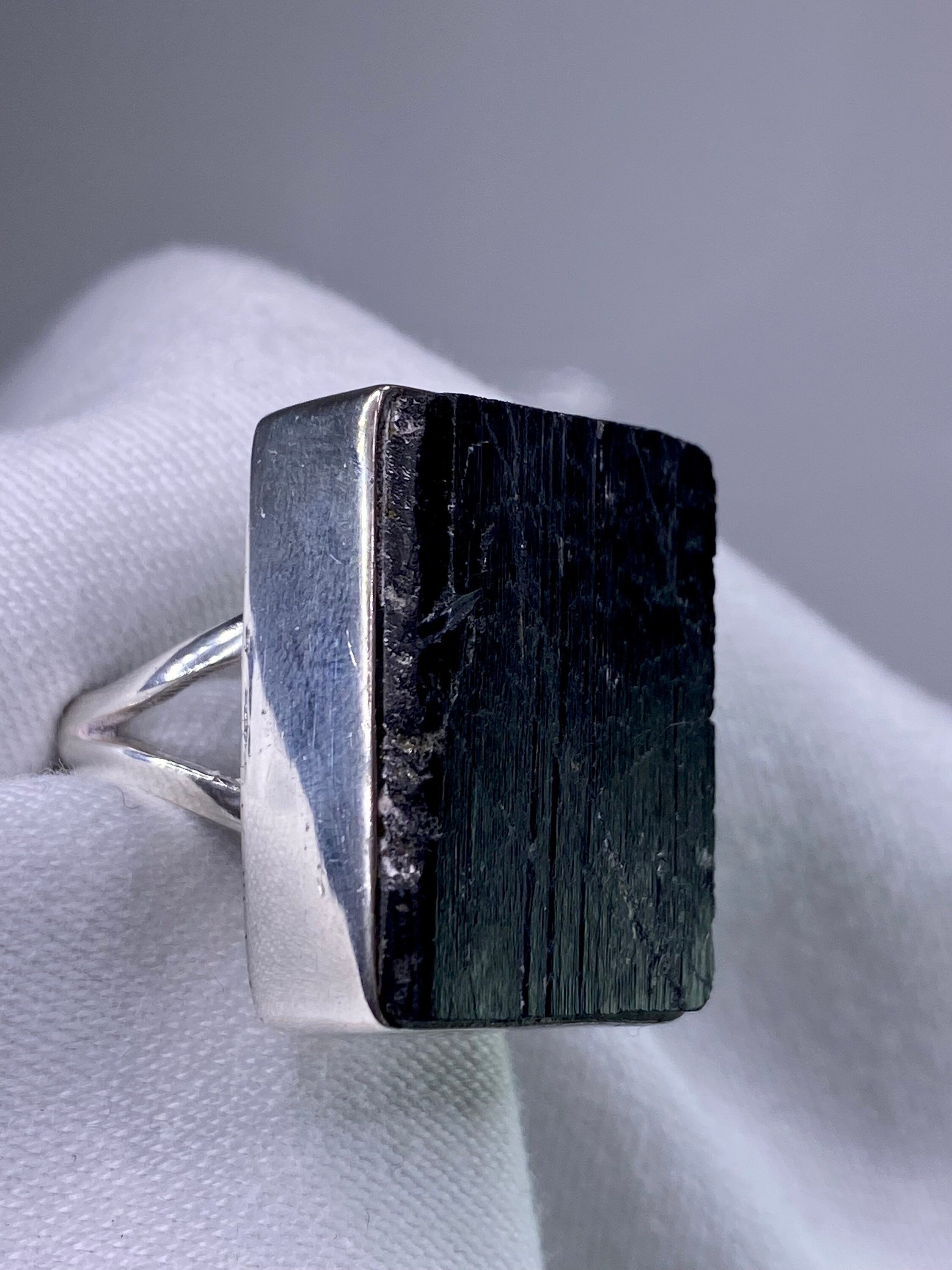 Natural Black Tourmaline and Silver Ring (F)