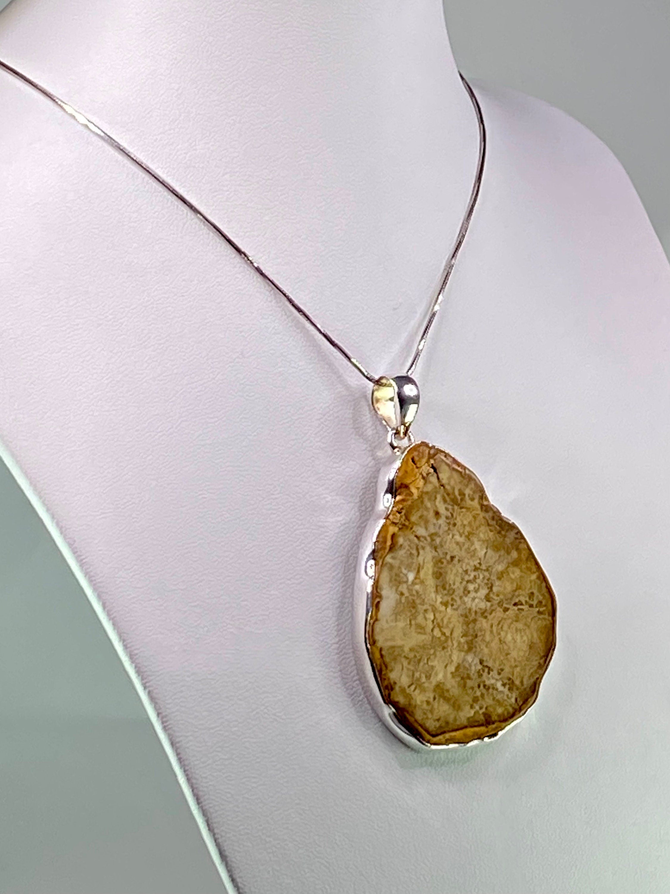 Petrified Wood Slice Pendant, Pear Cut 51mm x 40mm, Sterling Silver, Handmade UK gift