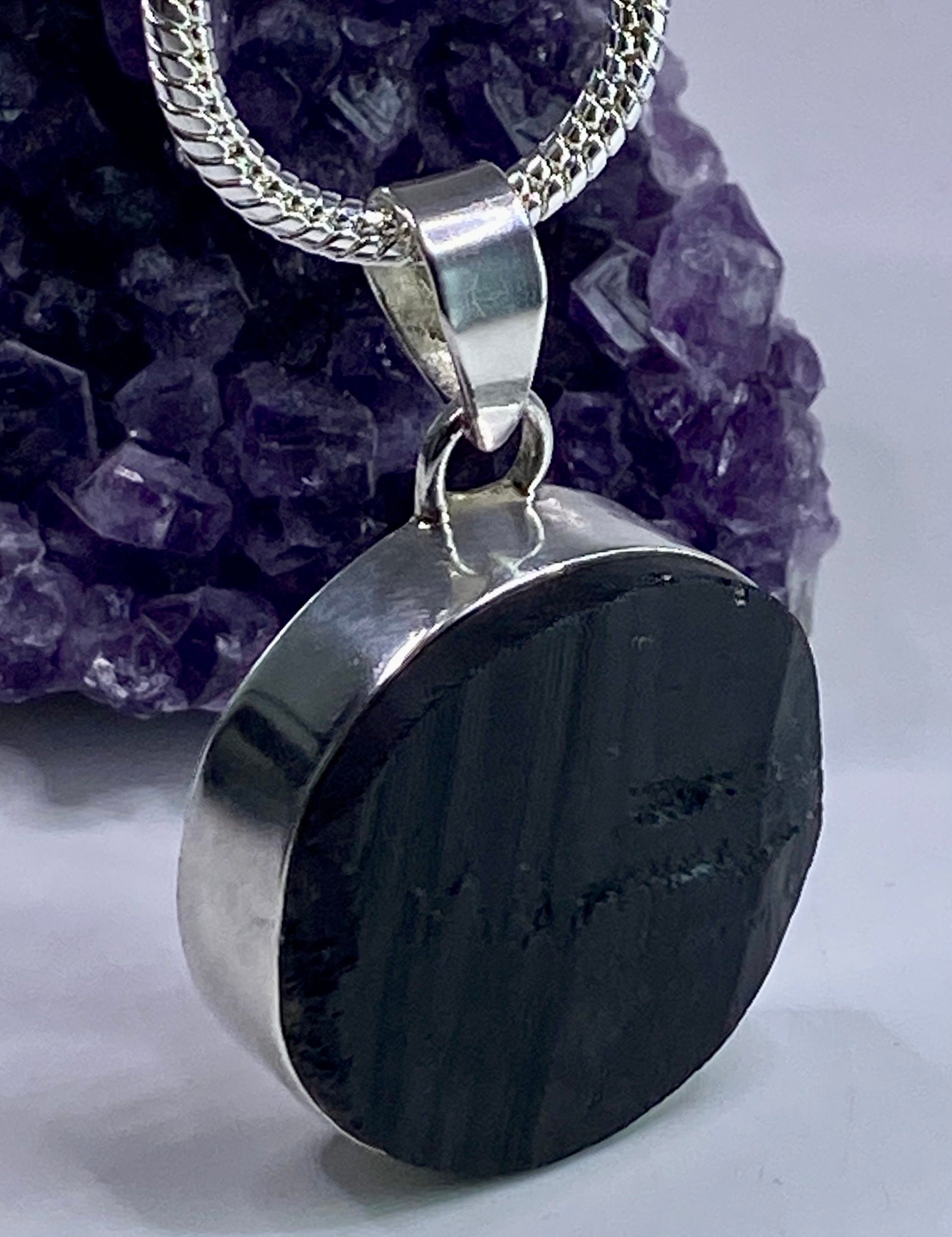 Natural Black Tourmaline and Silver Pendant (F)