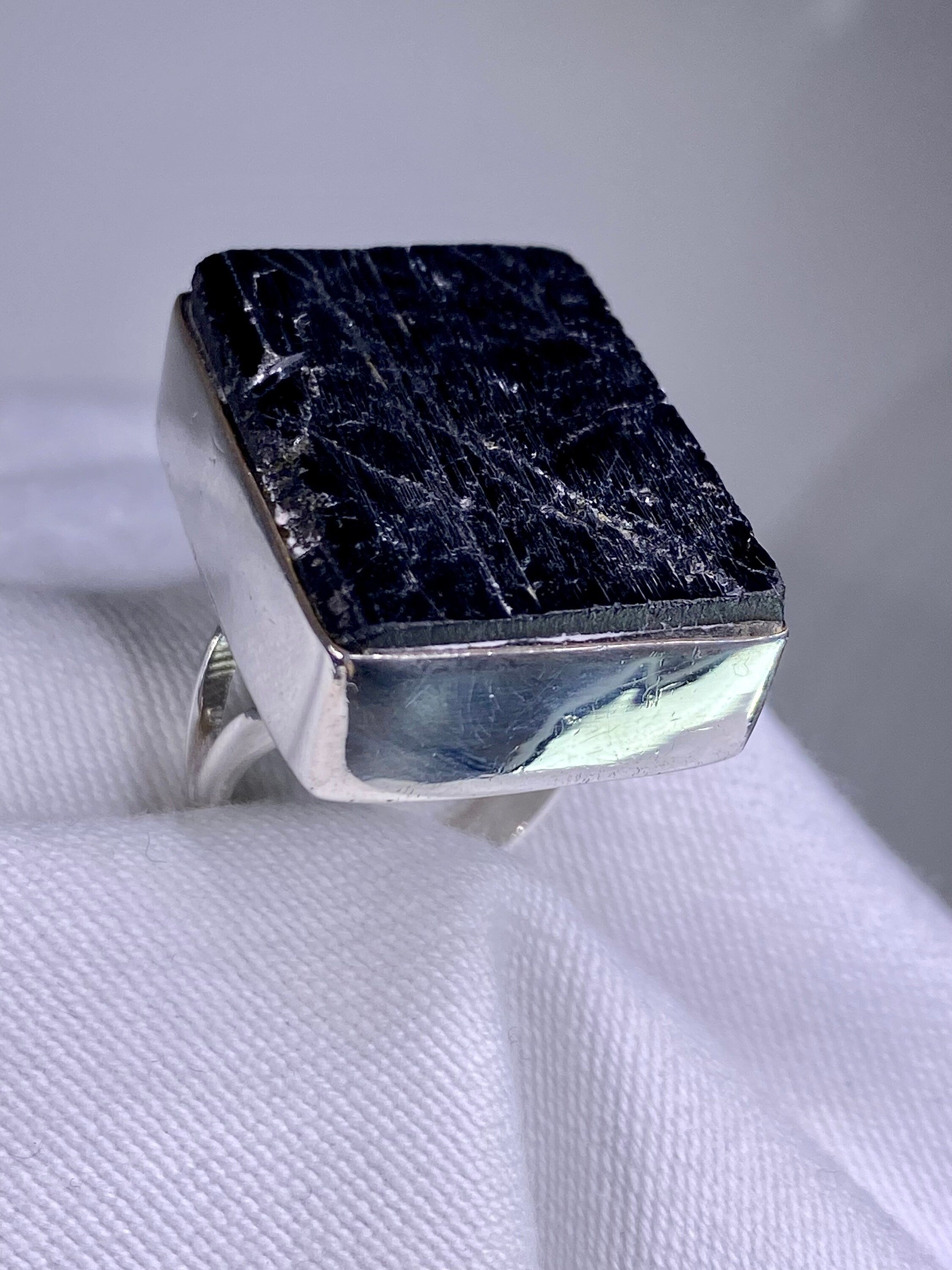 Natural Black Tourmaline and Silver Ring (F)