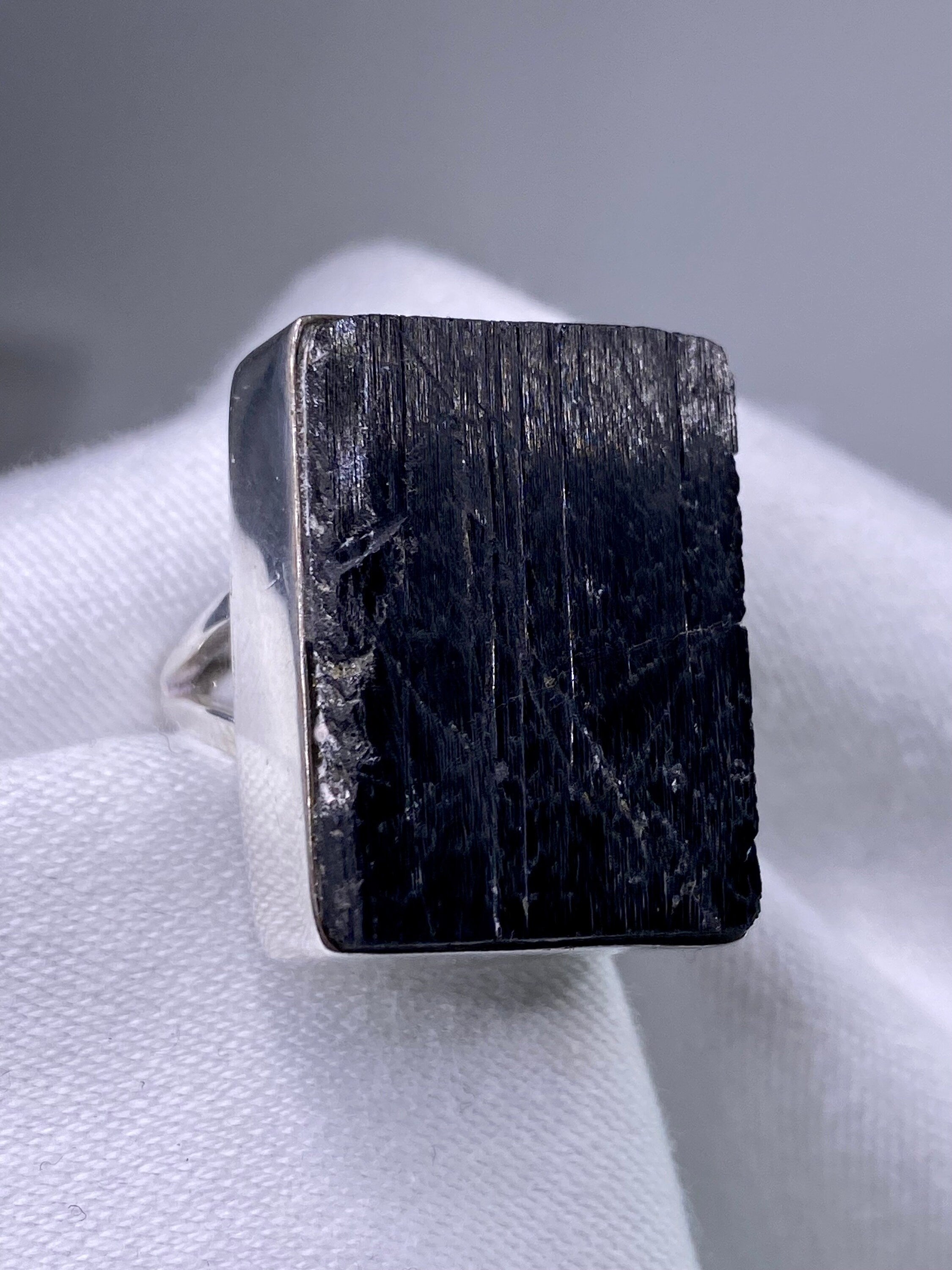 Natural Black Tourmaline and Silver Ring (F)