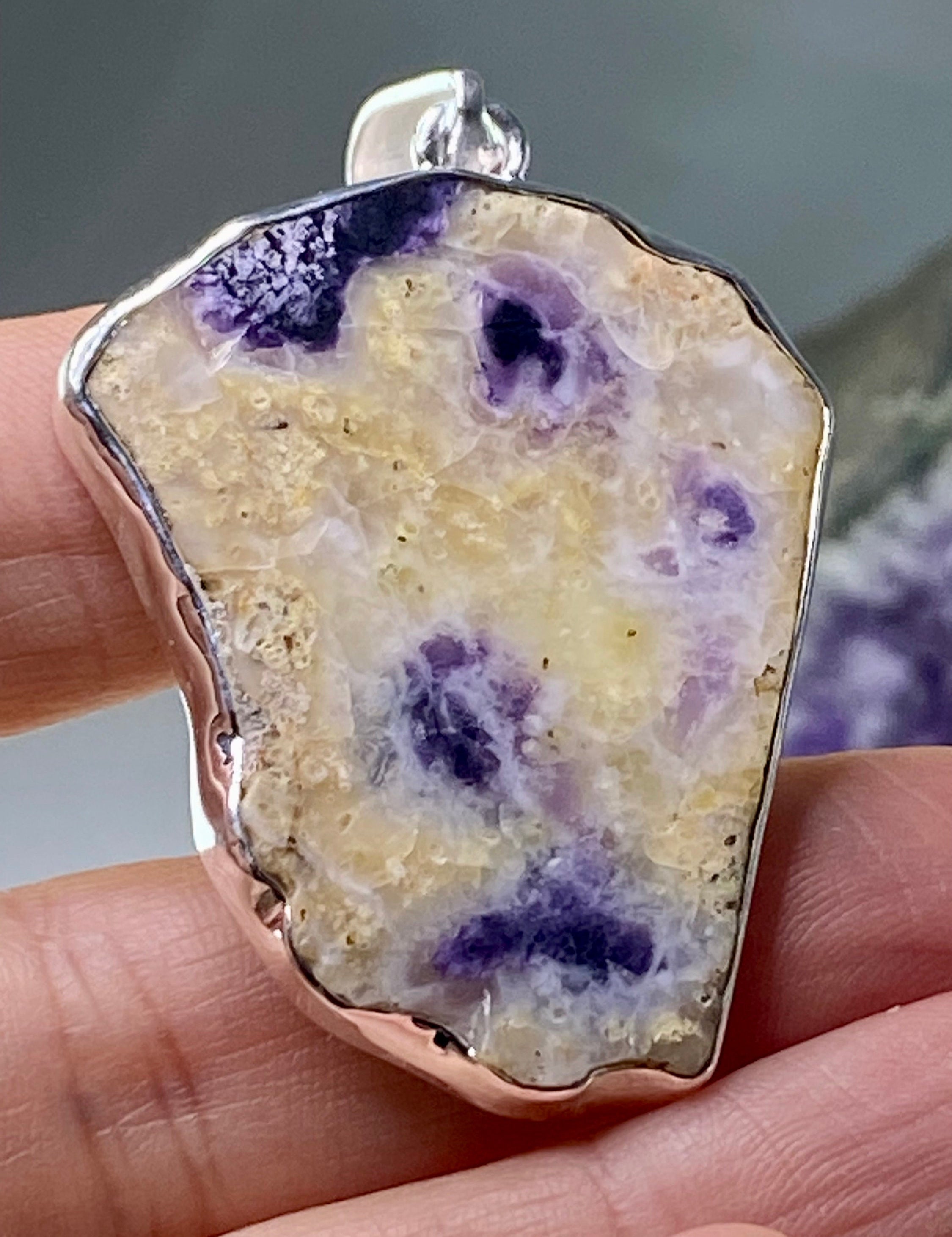 A Rare Violet Flame (Morado) Opal Slice Silver Pendant (UV)