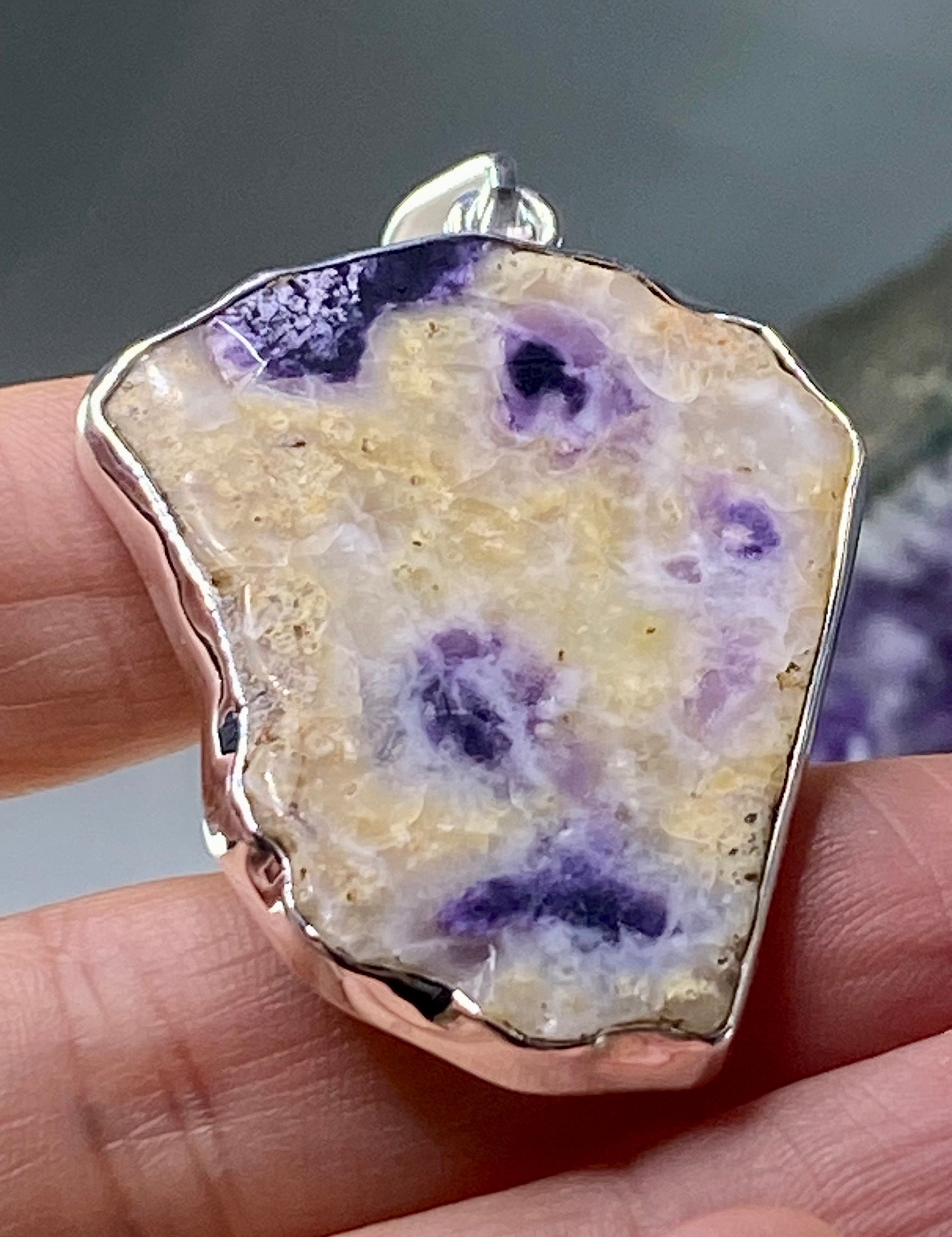 A Rare Violet Flame (Morado) Opal Slice Silver Pendant (UV)