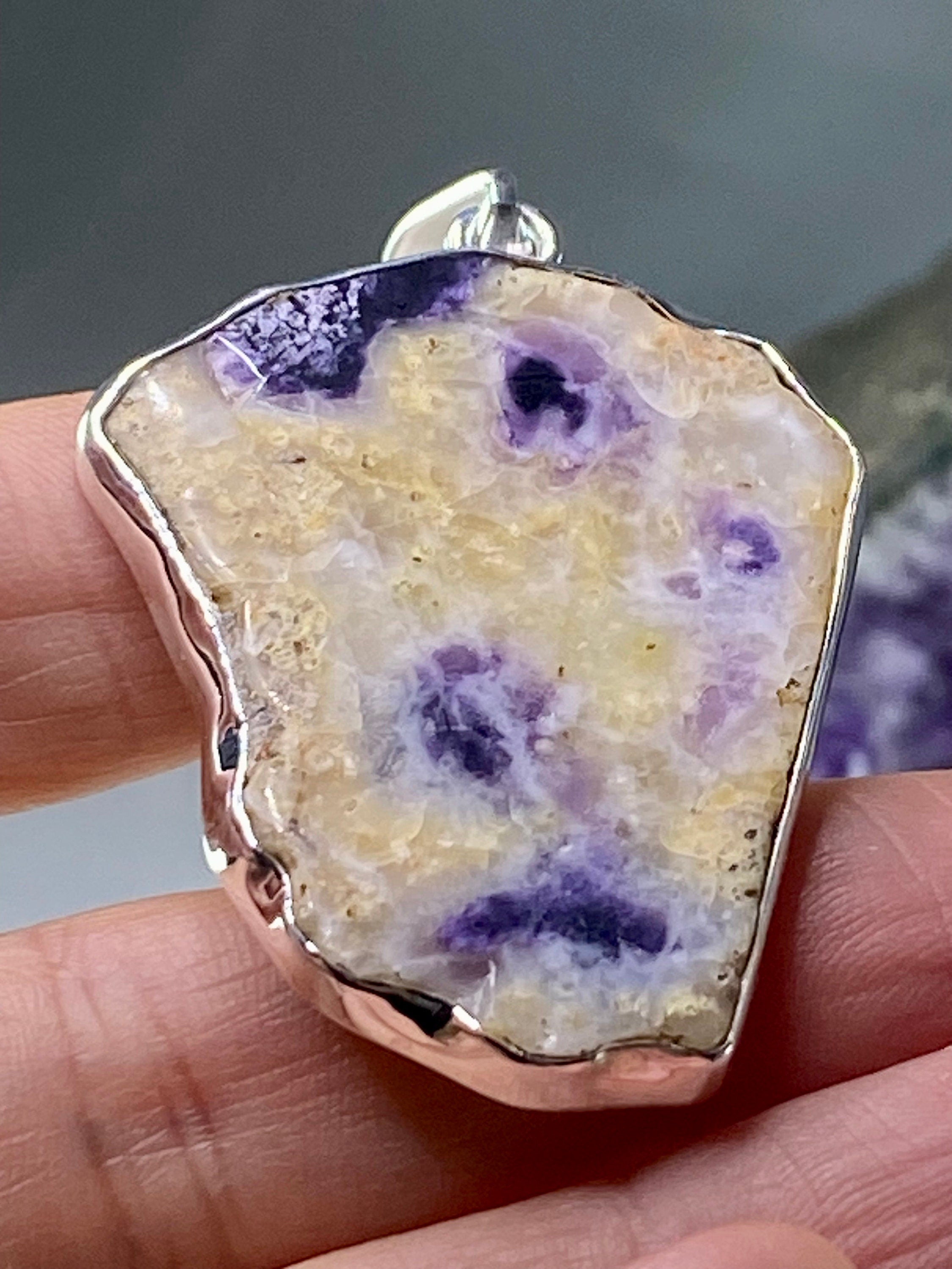 A Rare Violet Flame (Morado) Opal Slice Silver Pendant (UV)