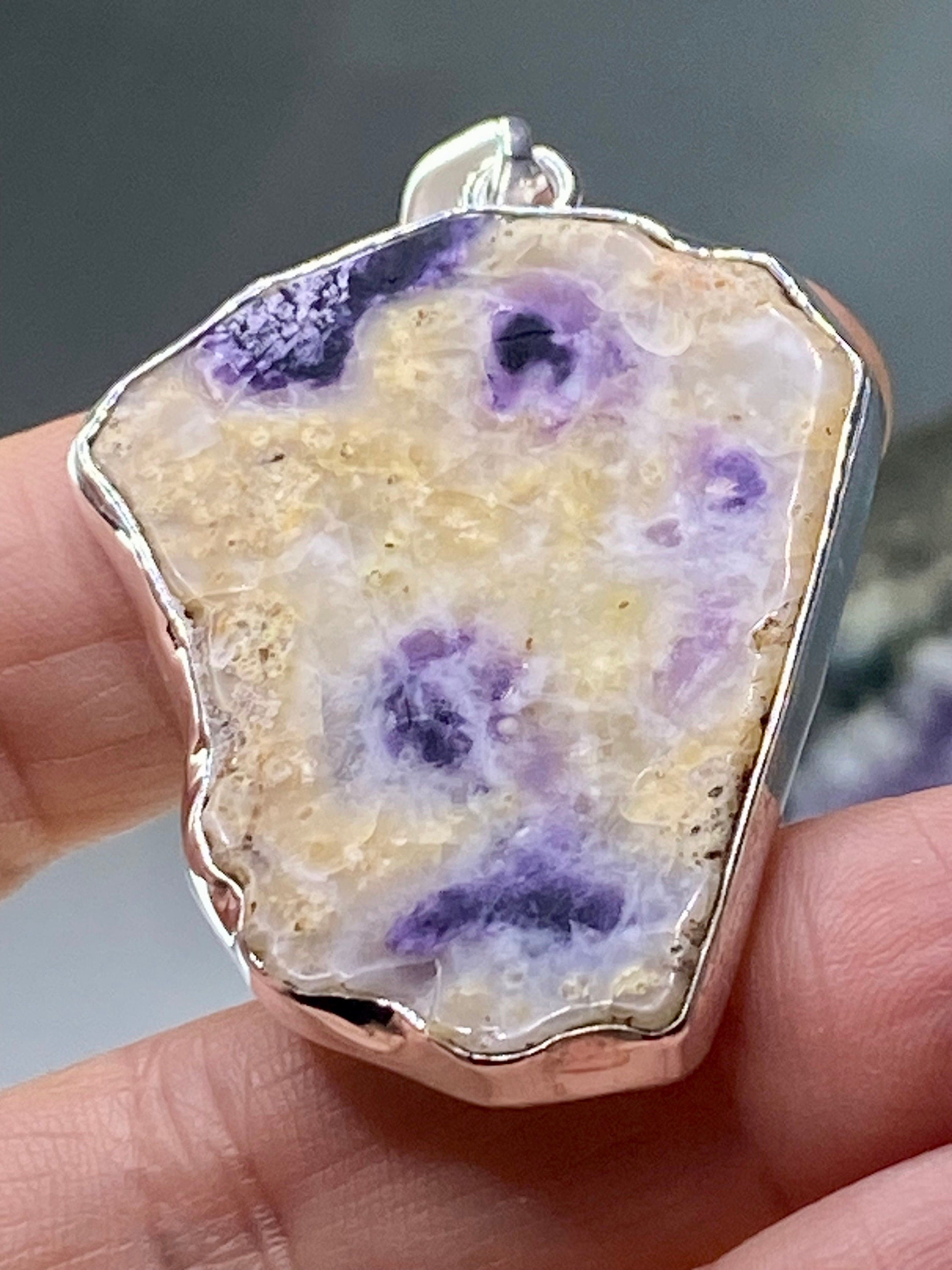 A Rare Violet Flame (Morado) Opal Slice Silver Pendant (UV)