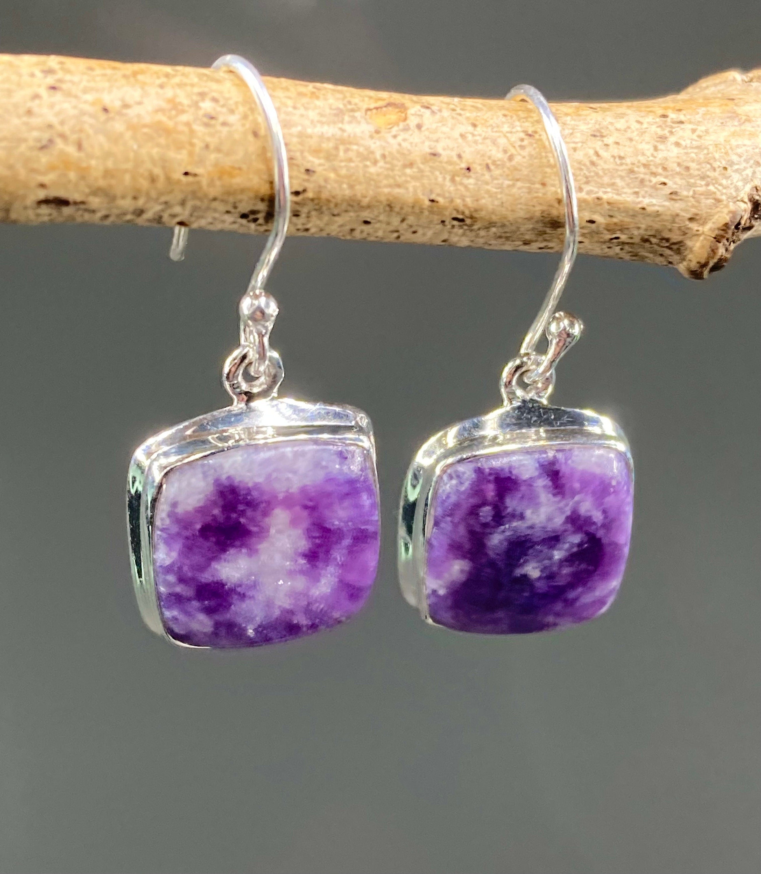 Natural Lepidolite and Silver Dangle Earrings