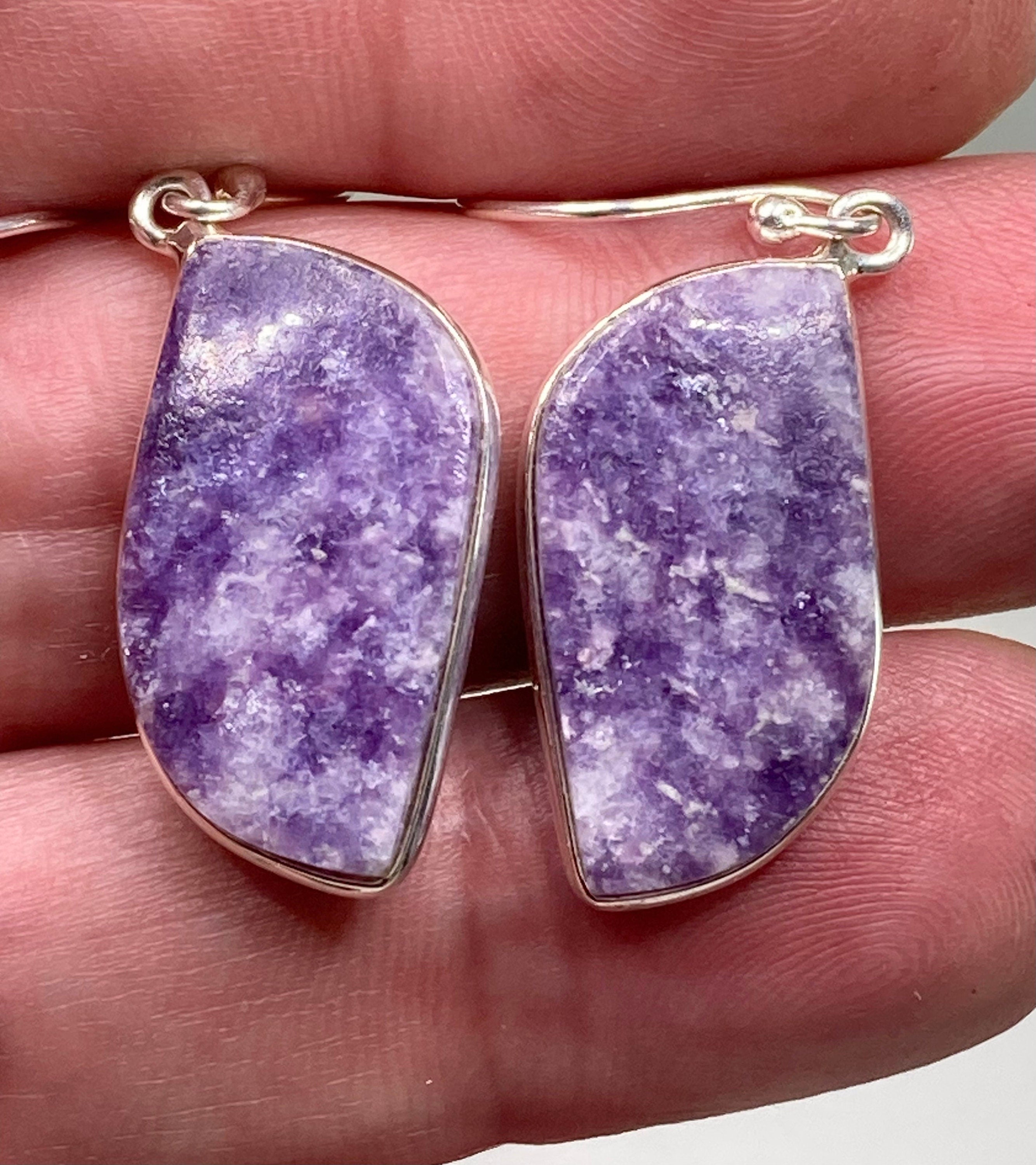 Natural Lepidolite Silver Dangle Earrings