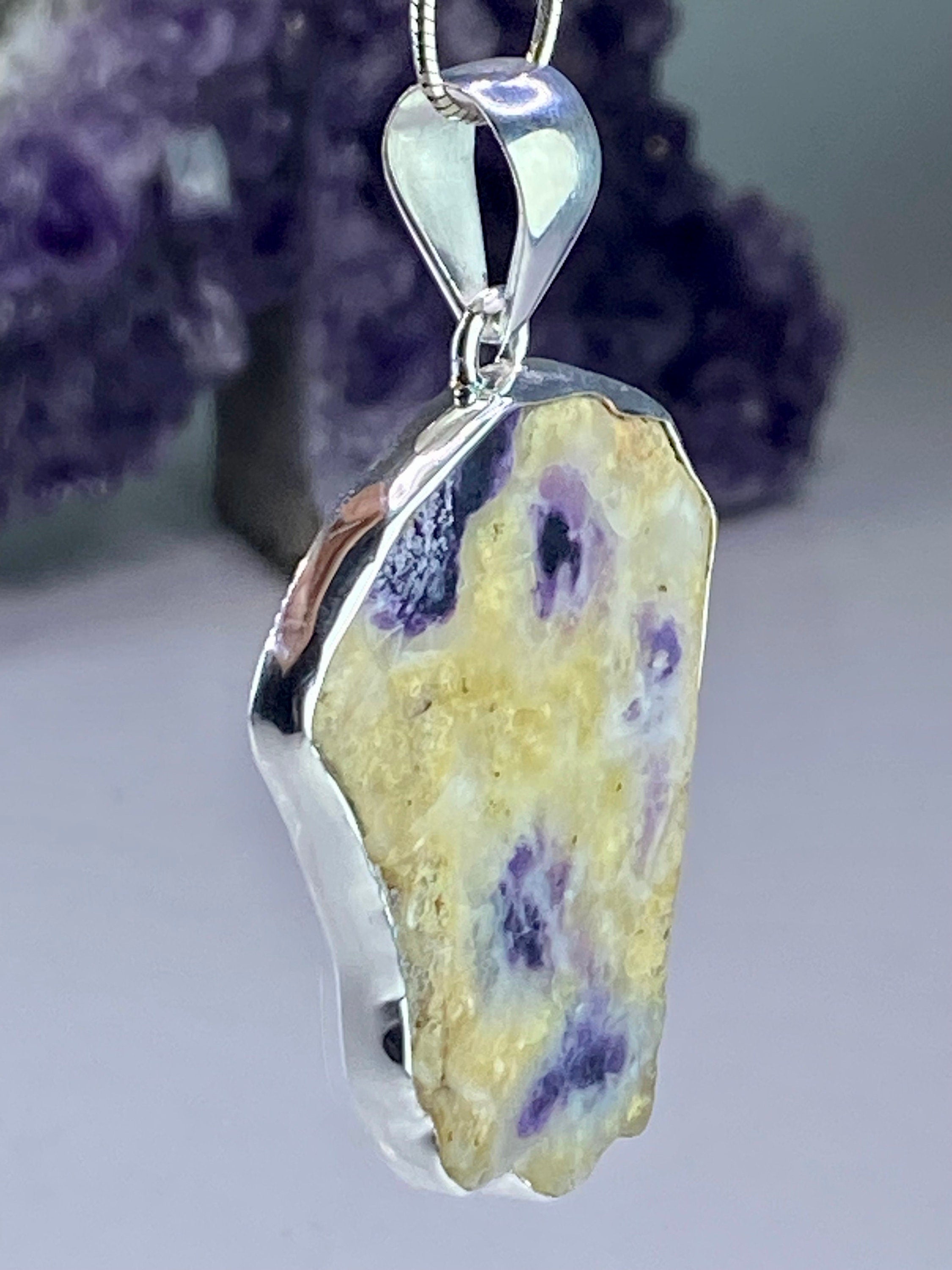 A Rare Violet Flame (Morado) Opal Slice Silver Pendant (UV)