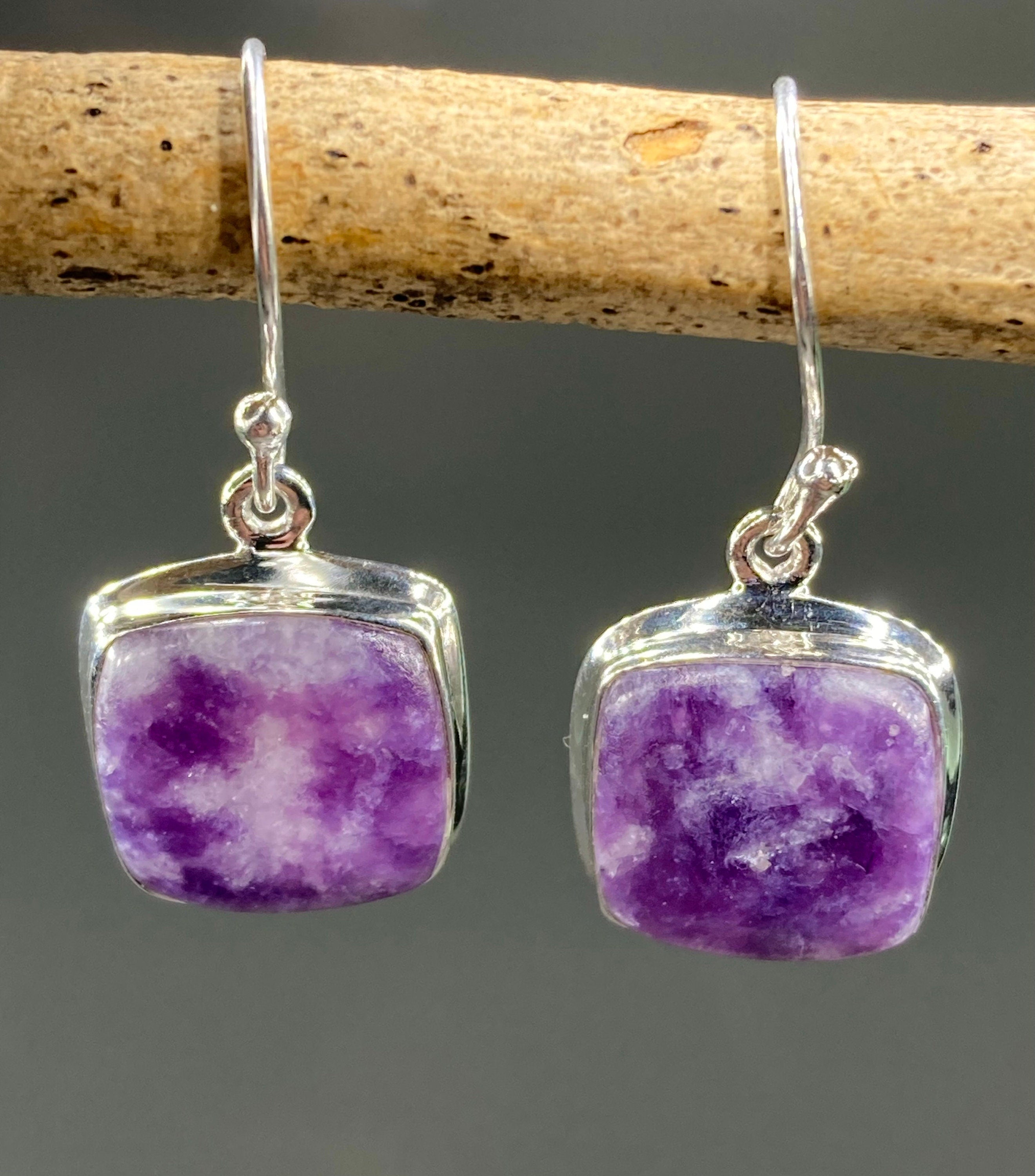 Natural Lepidolite and Silver Dangle Earrings