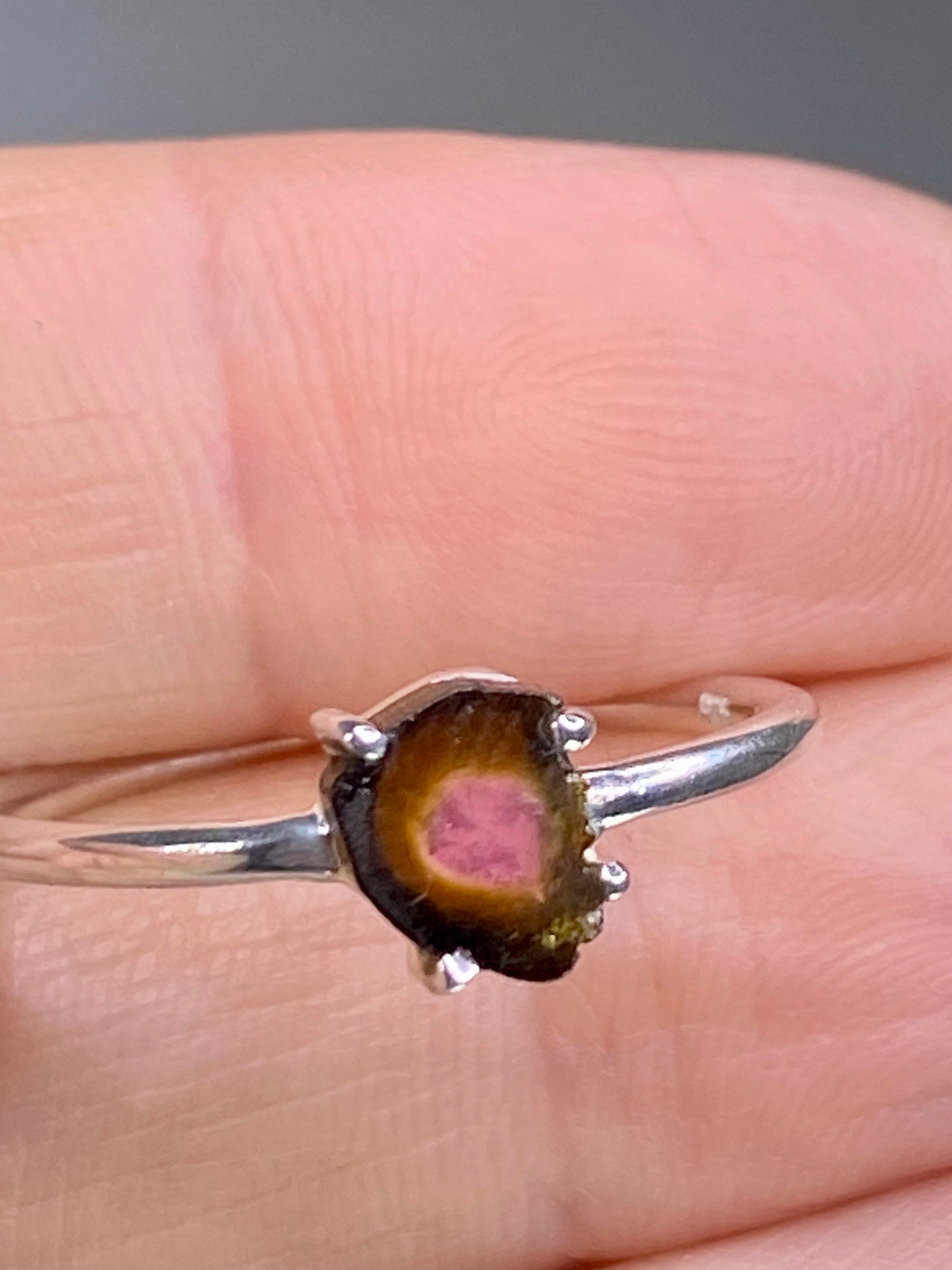 Watermelon Tourmaline Slice Silver ring