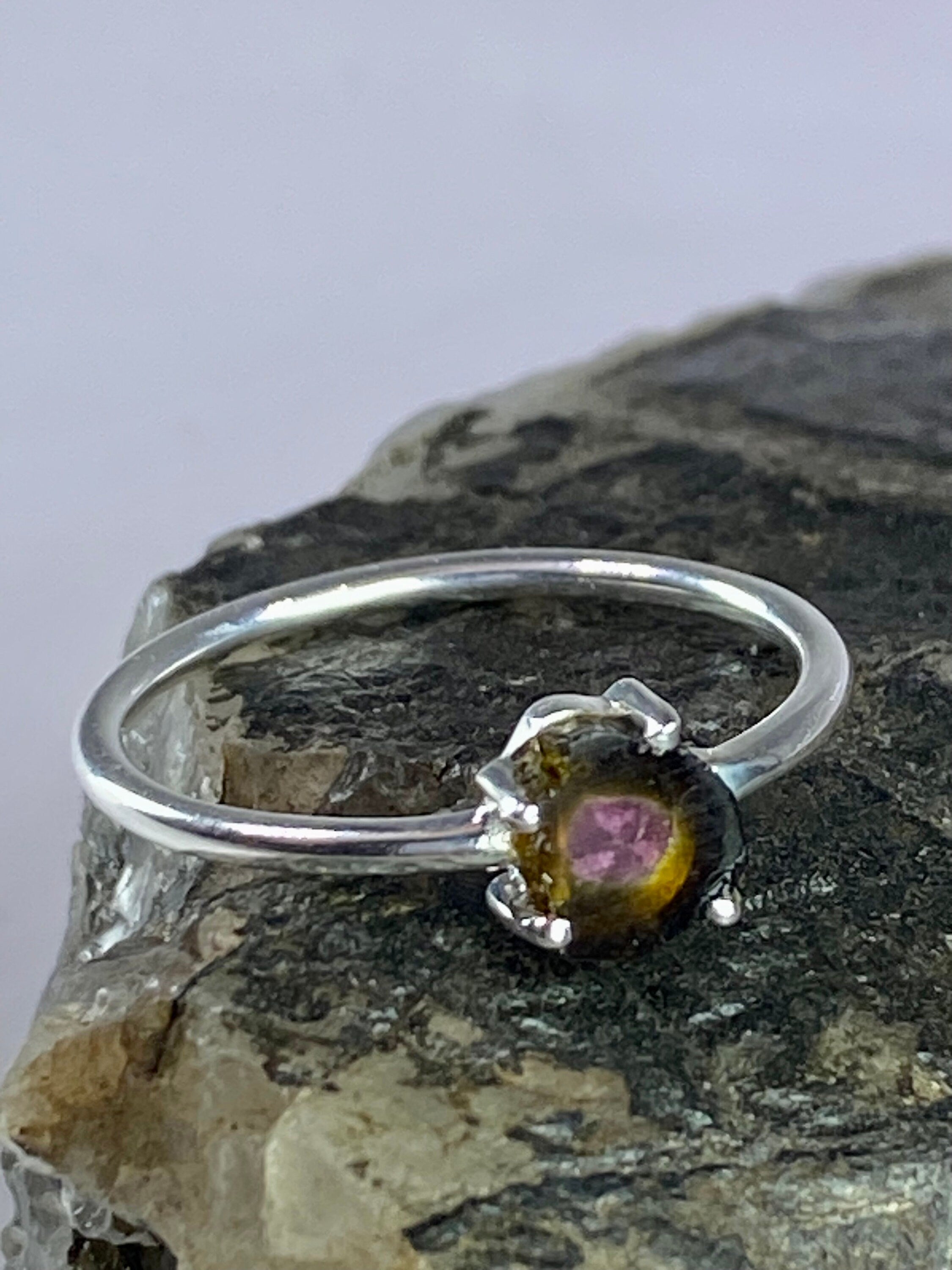 Watermelon Tourmaline Slice Silver ring