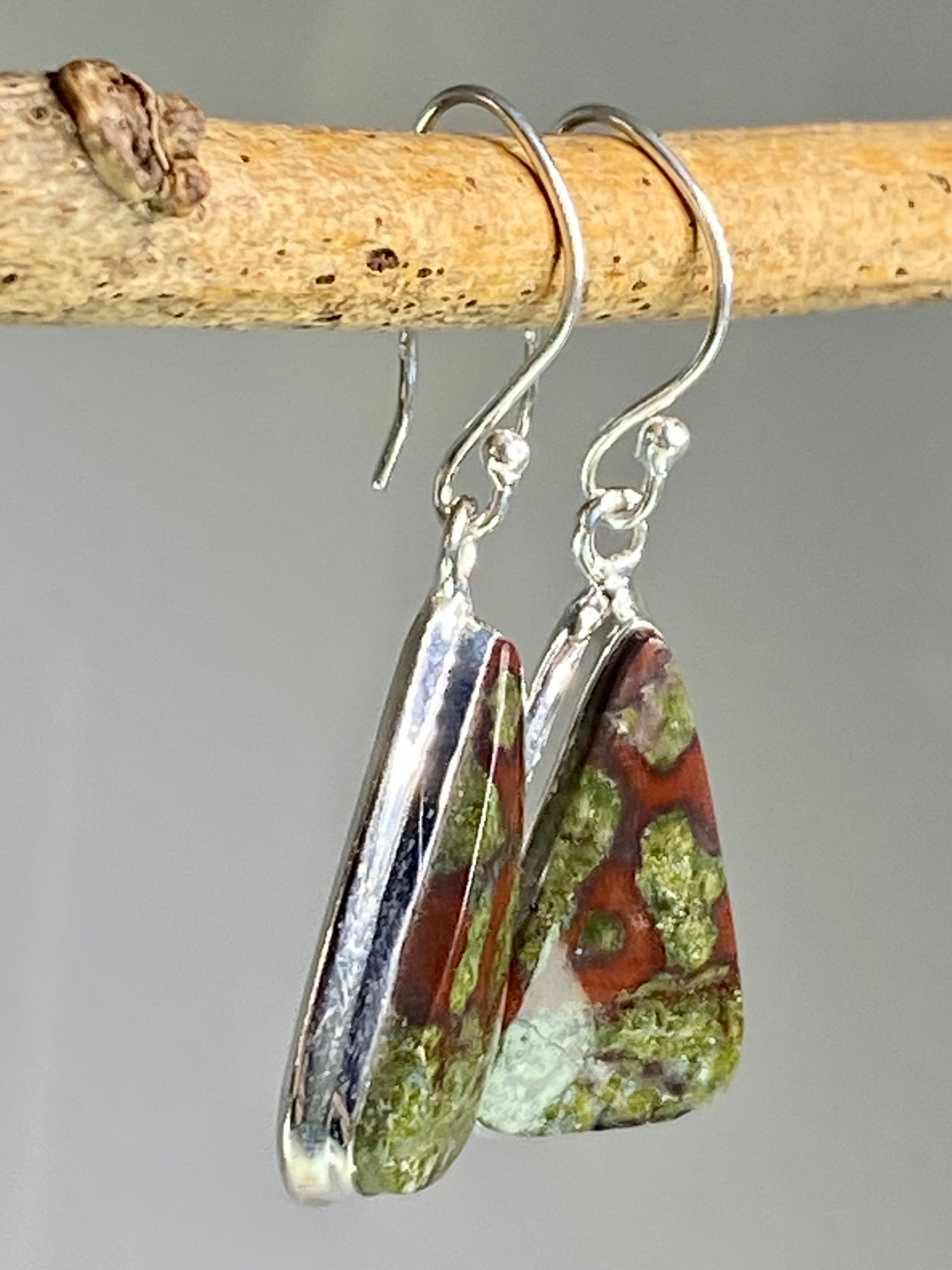 Natural Dragon Bloodstone and Silver Dangle Earrings