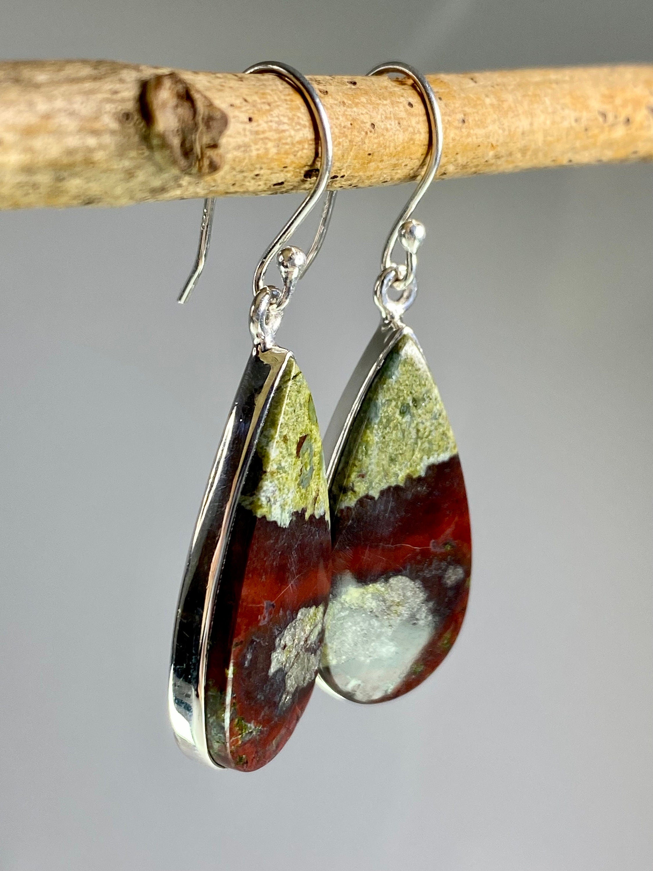 Natural Dragon Bloodstone and Silver Dangle Earrings