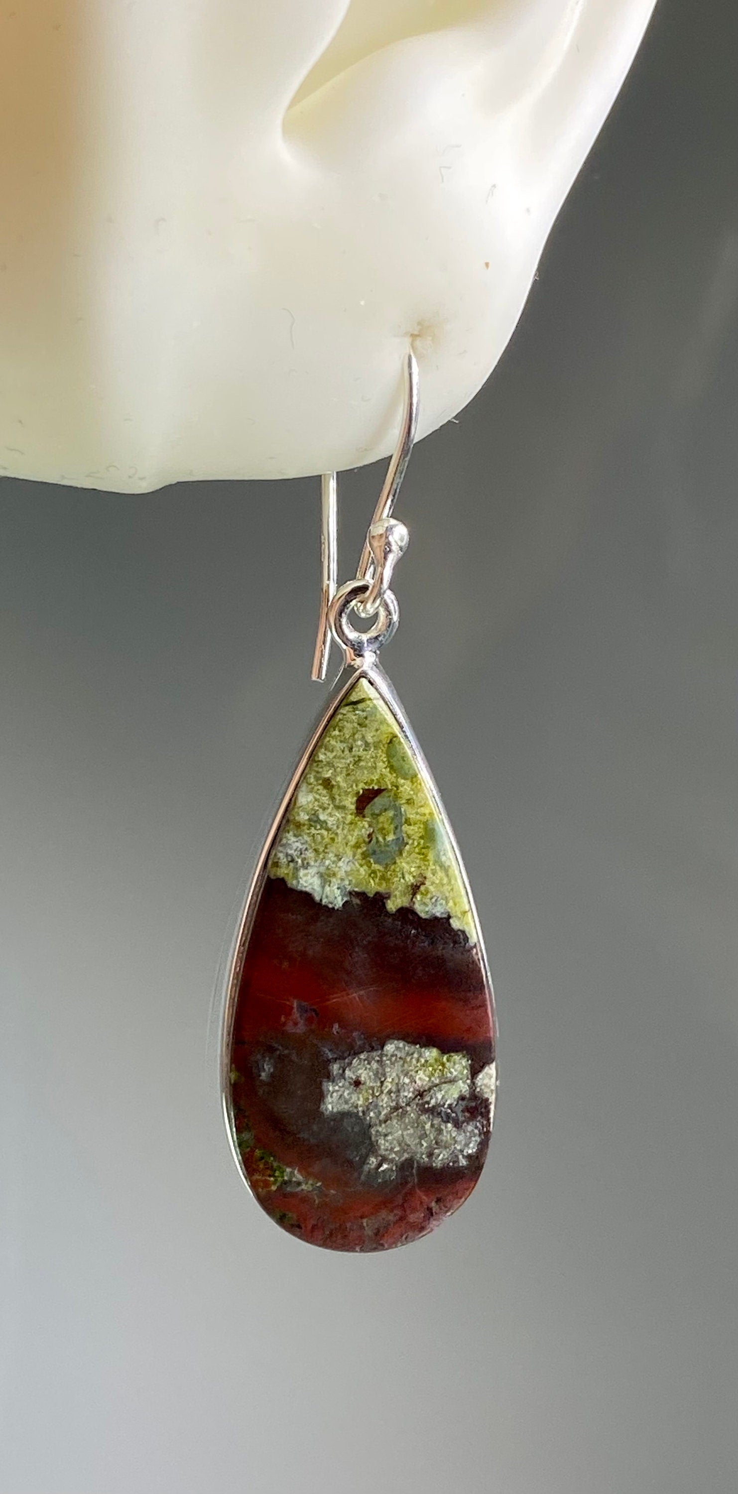 Natural Dragon Bloodstone and Silver Dangle Earrings