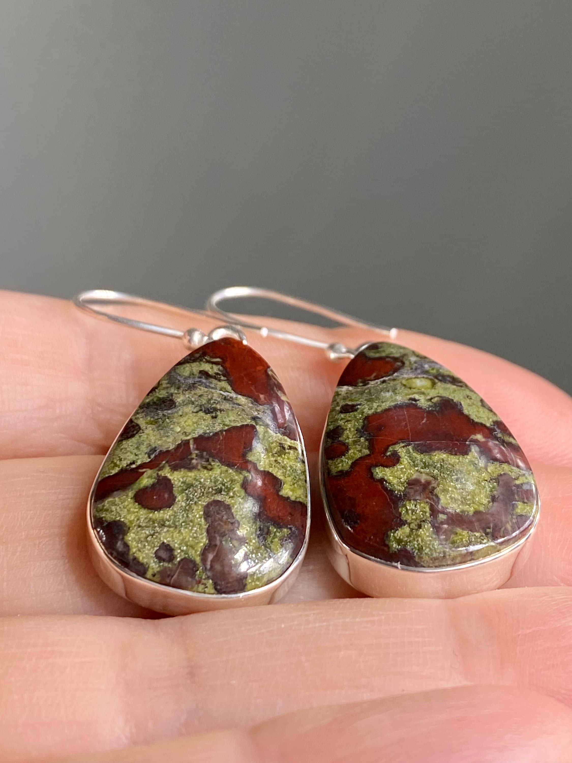 Natural Dragon Bloodstone and Silver Dangle Earrings