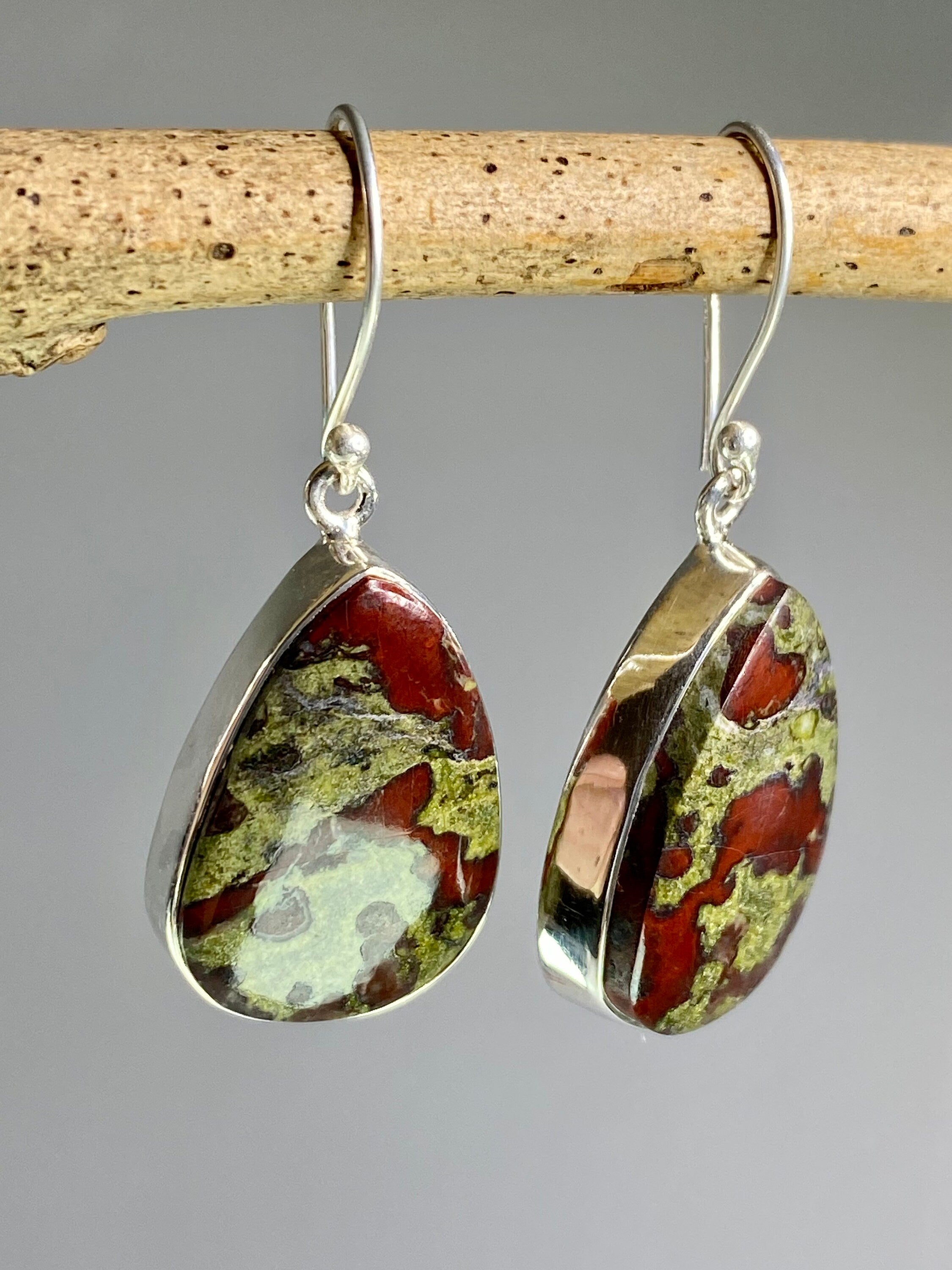 Natural Dragon Bloodstone and Silver Dangle Earrings