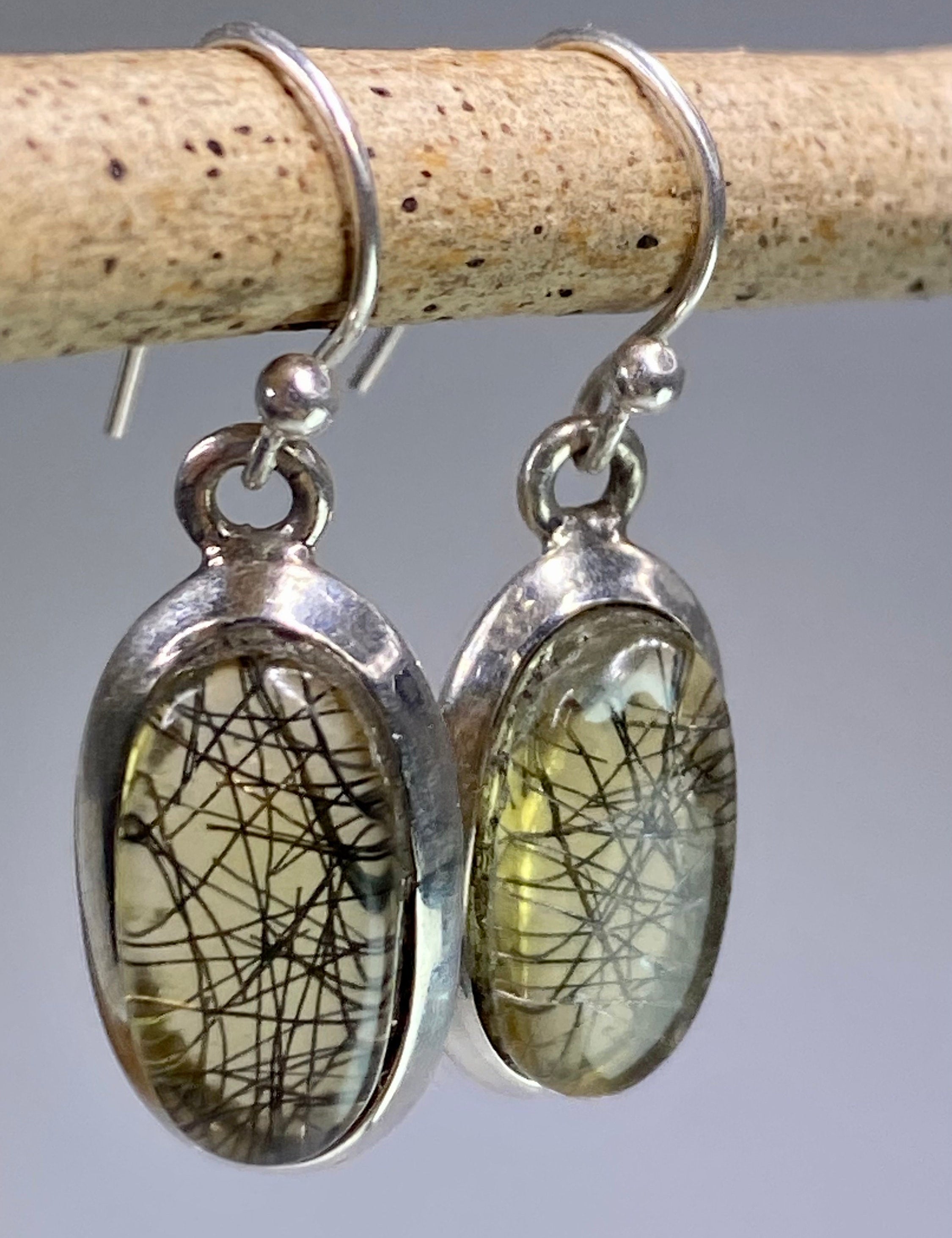 Black Rutilated Quartz and Silver Earrings