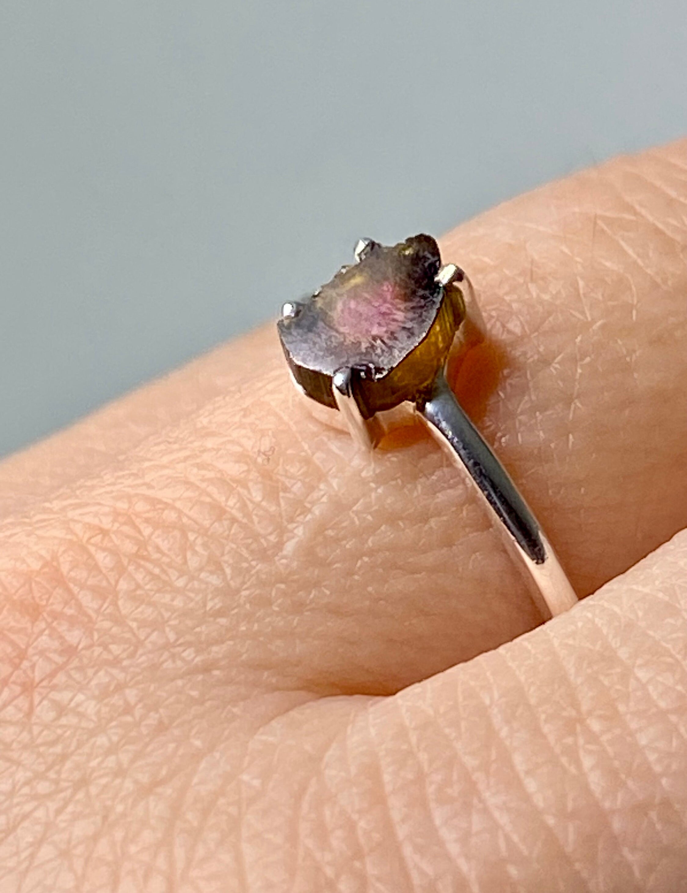 Watermelon Tourmaline Slice Silver ring