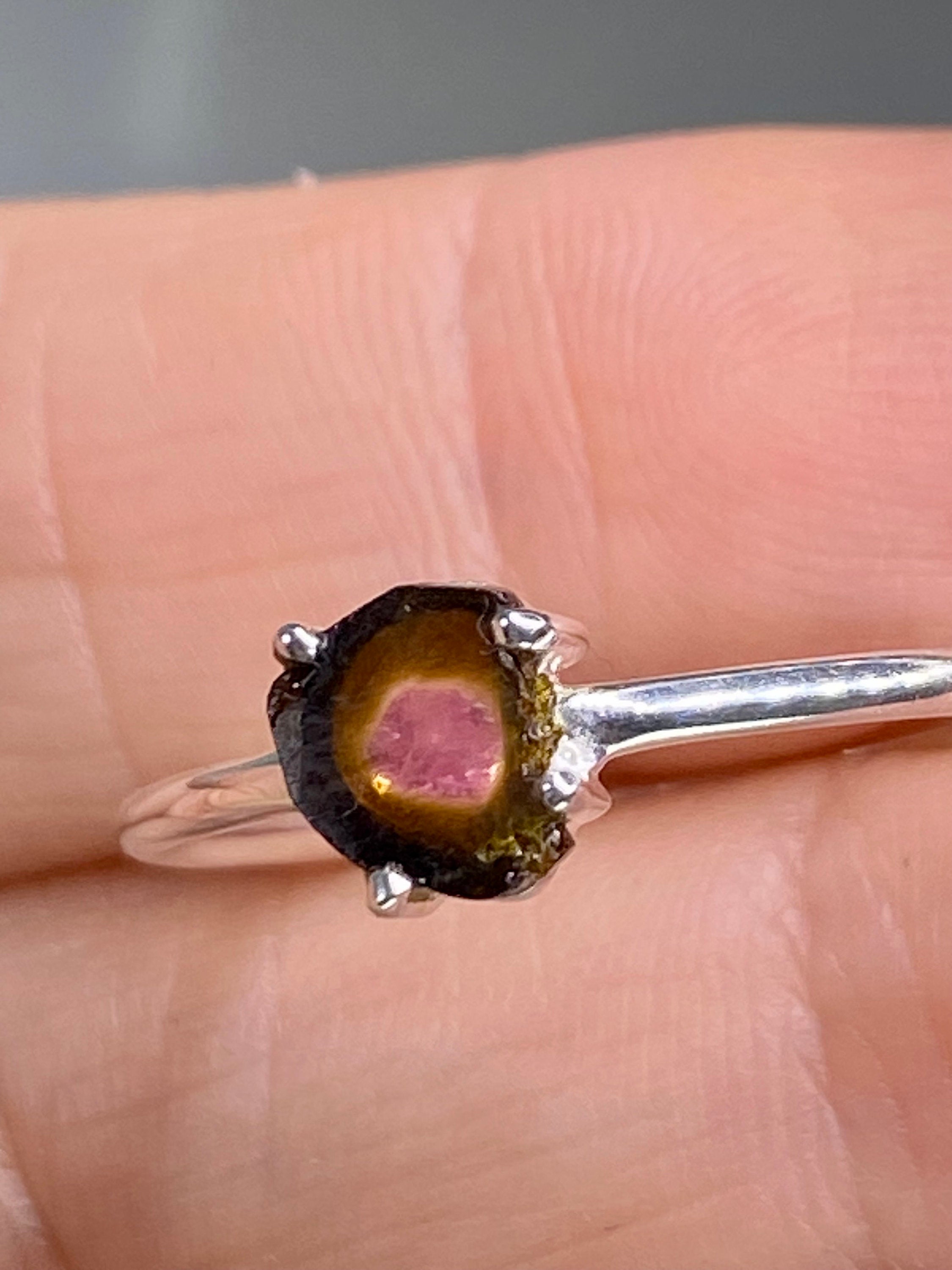 Watermelon Tourmaline Slice Silver ring