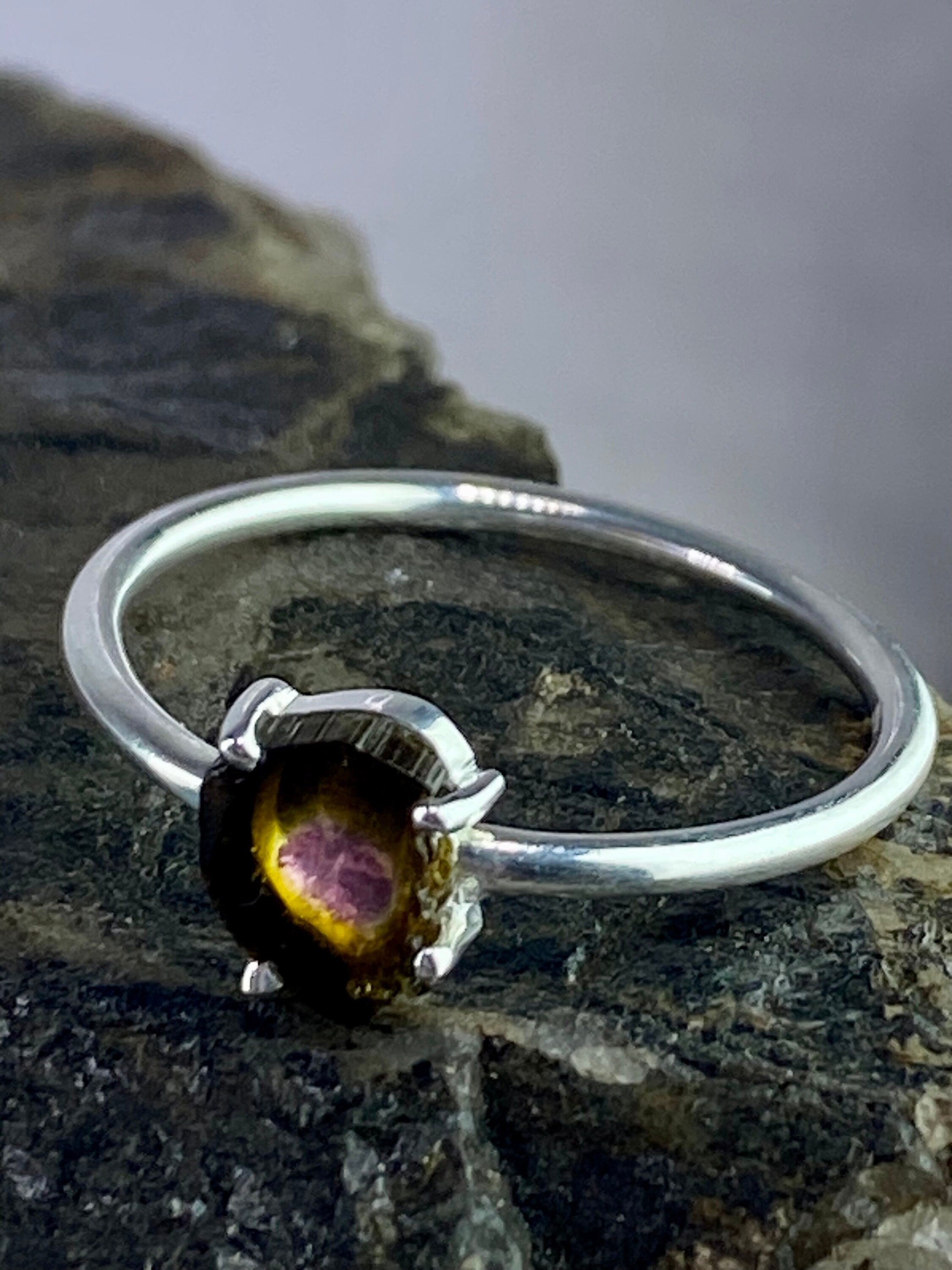 Watermelon Tourmaline Slice Silver ring