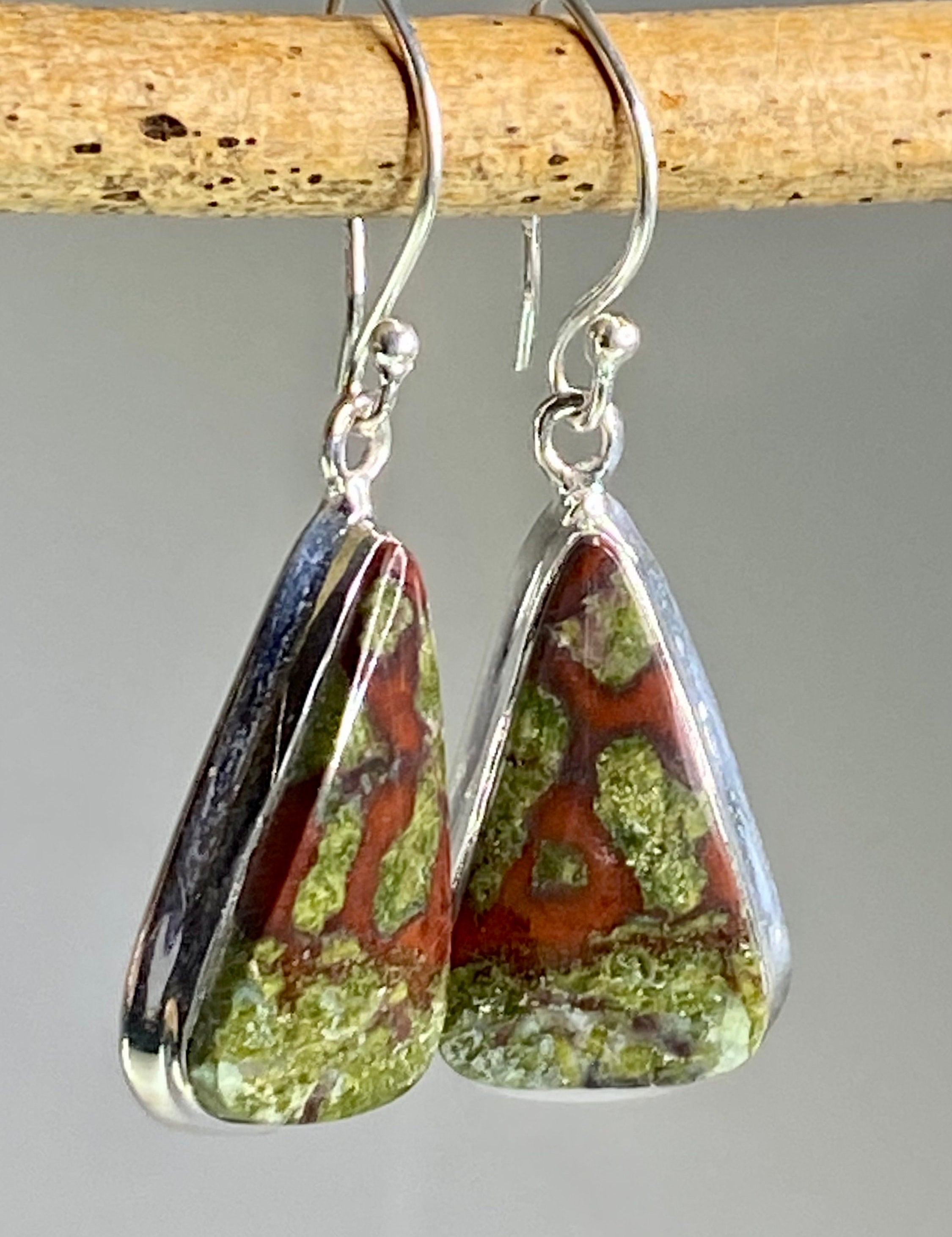 Natural Dragon Bloodstone and Silver Dangle Earrings