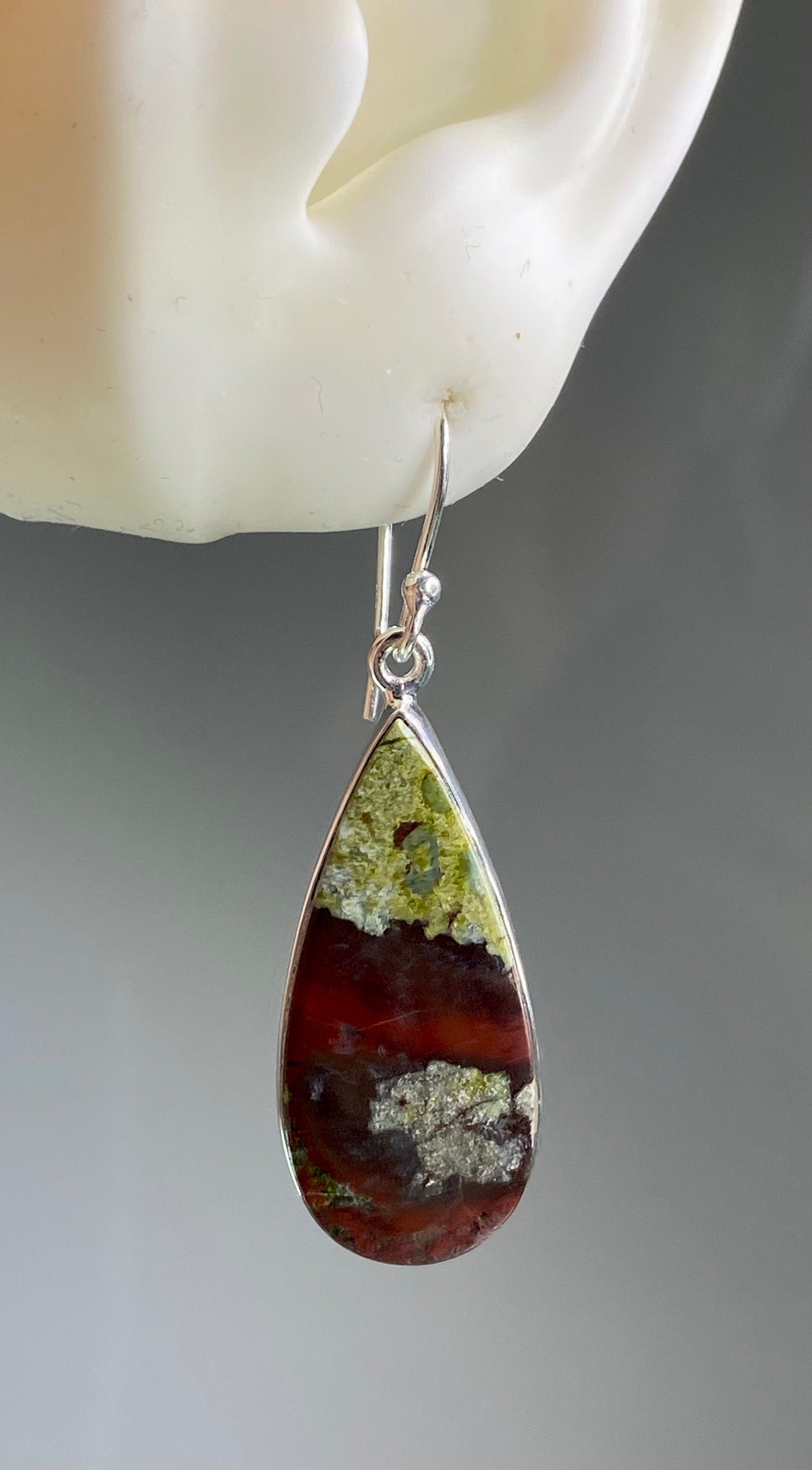 Natural Dragon Bloodstone and Silver Dangle Earrings