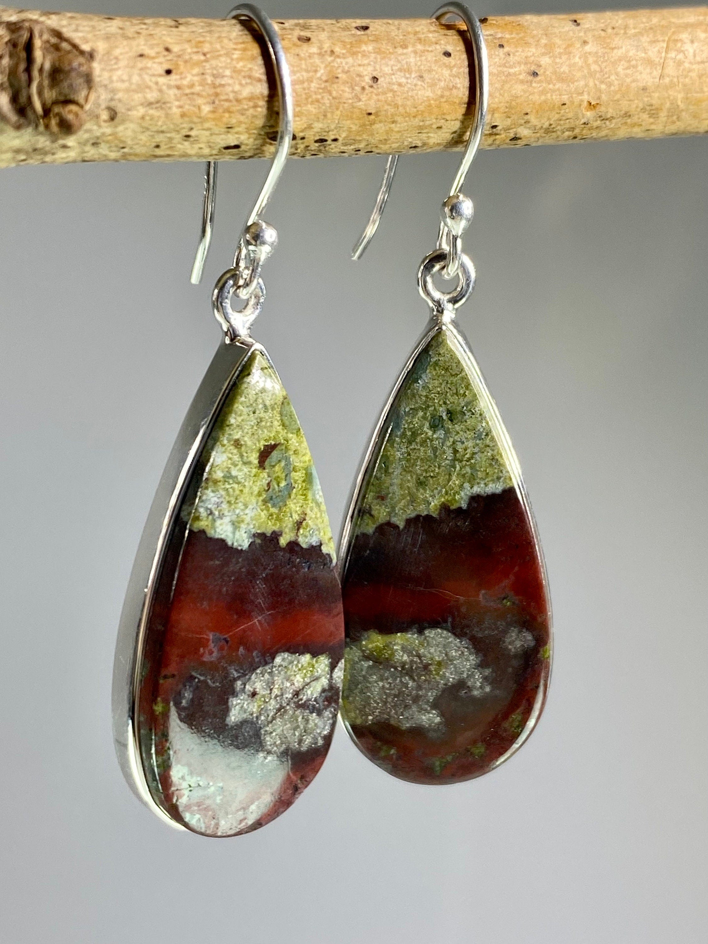 Natural Dragon Bloodstone and Silver Dangle Earrings