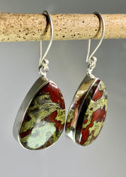 Natural Dragon Bloodstone and Silver Dangle Earrings