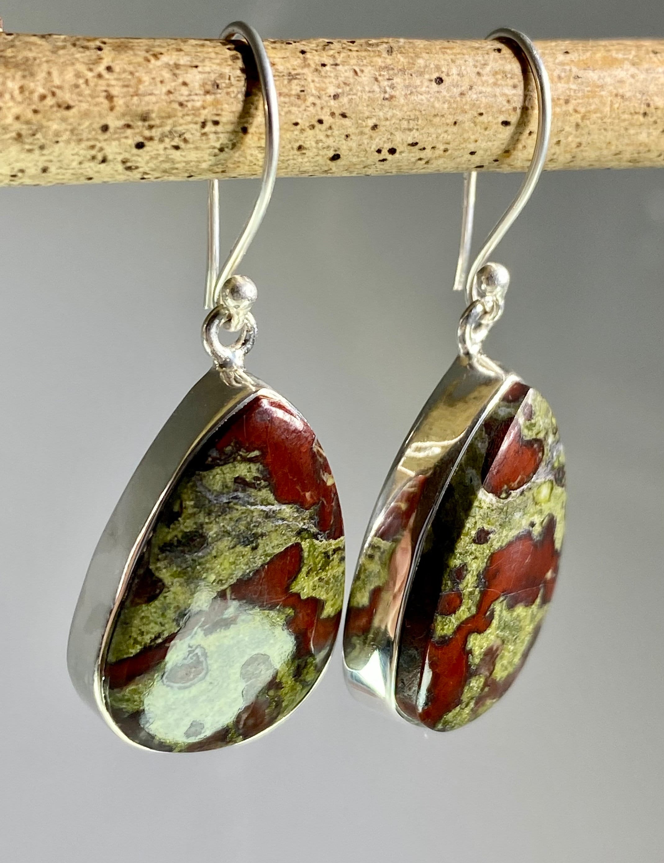 Natural Dragon Bloodstone and Silver Dangle Earrings