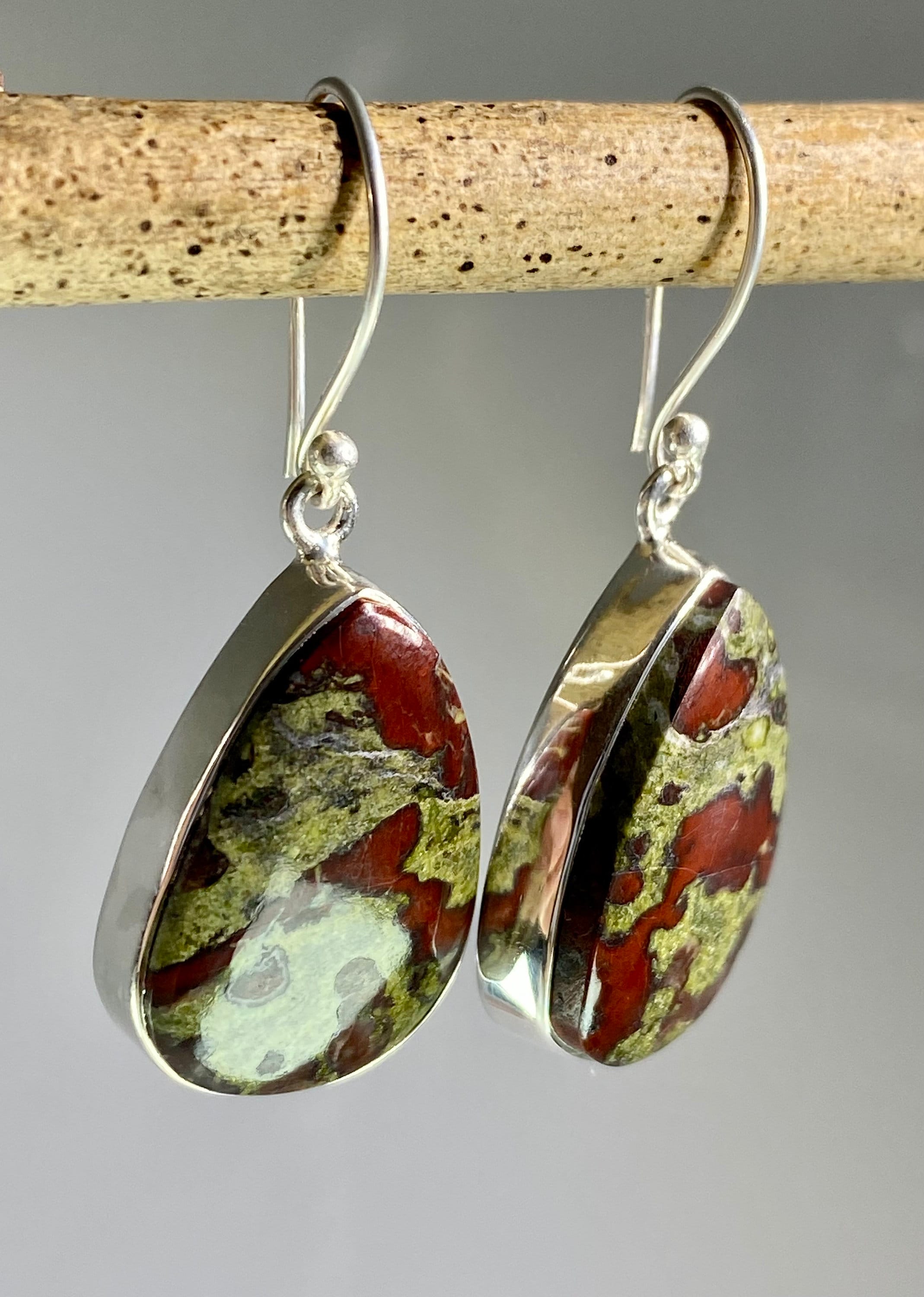 Natural Dragon Bloodstone and Silver Dangle Earrings