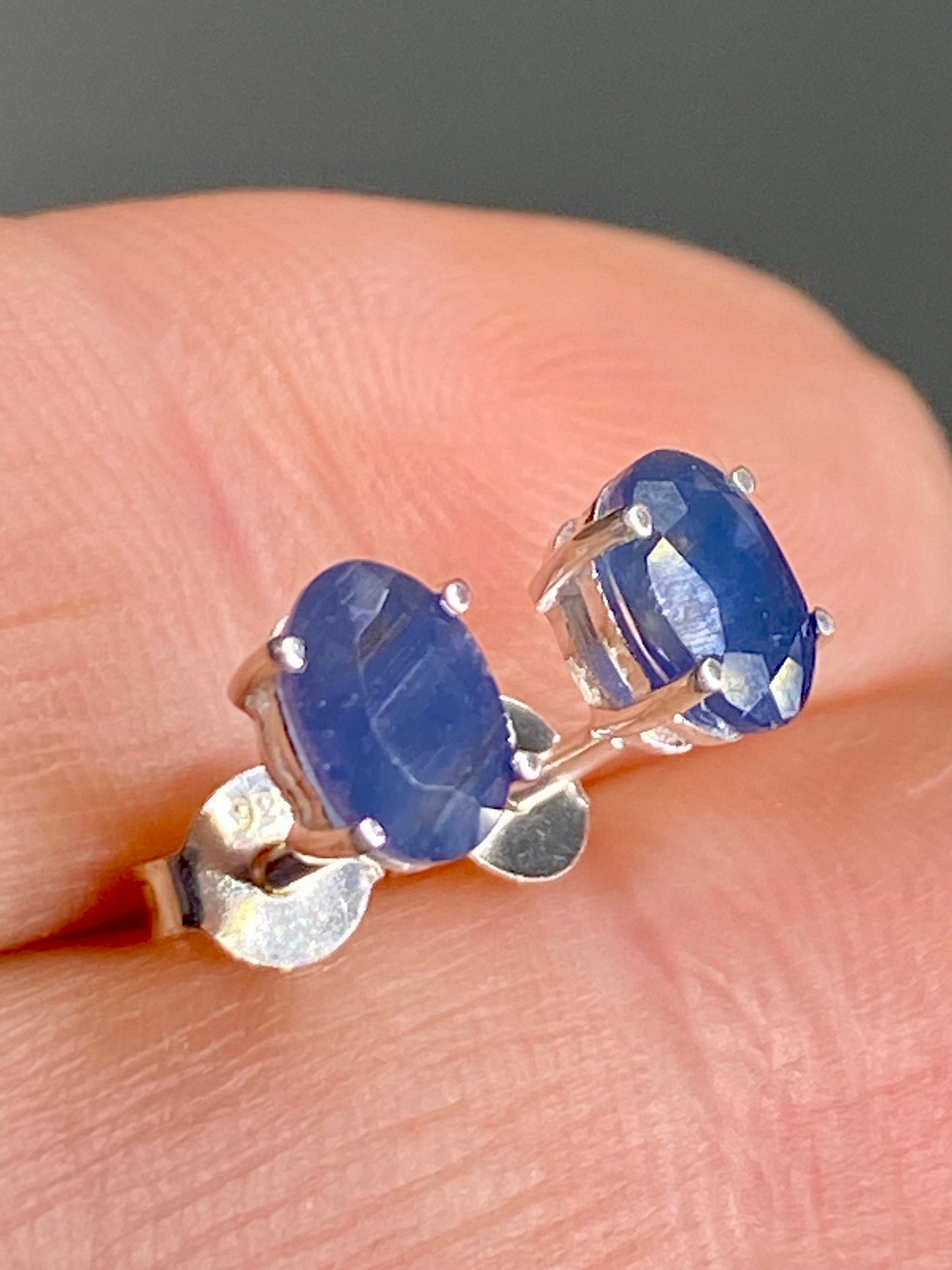 Raw Sapphire Stud Earrings: 925 Sterling Silver, September Birthstone