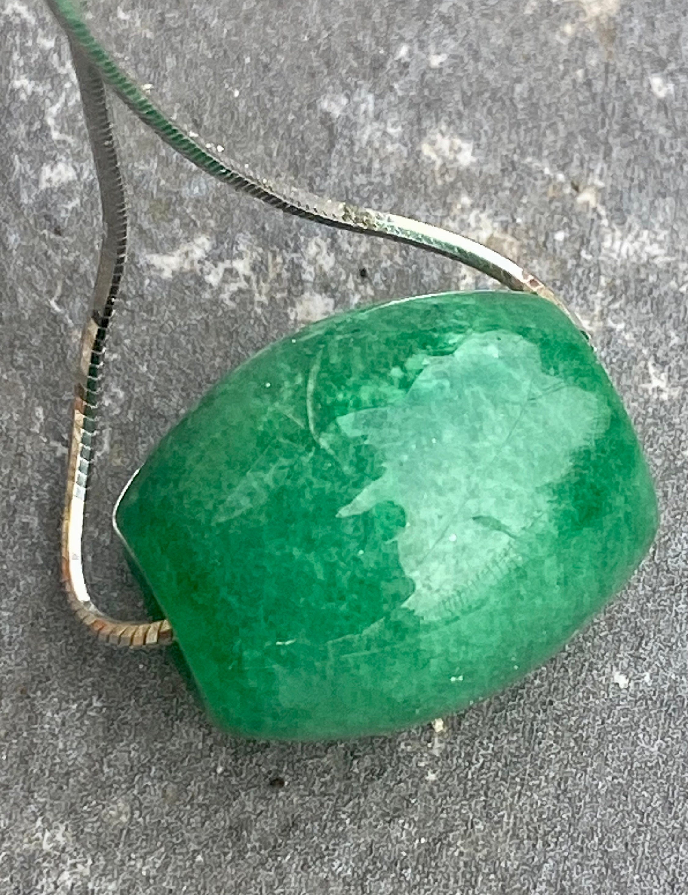 Natural Green Jade Pendant Including the Solid Silver Chain