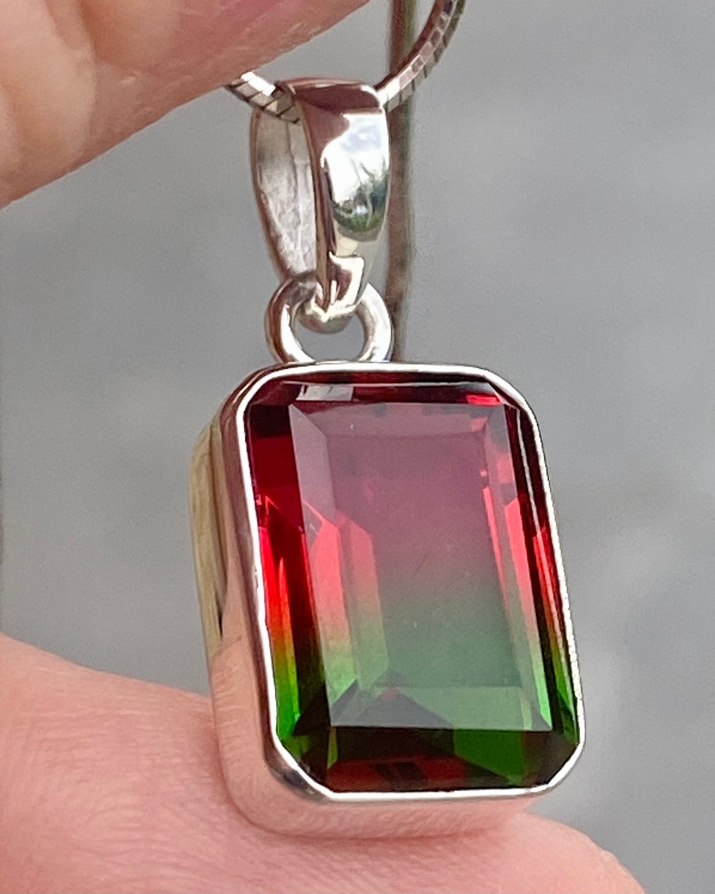 Watermelon Tourmaline Silver Baguette Pendant