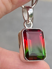 Watermelon Tourmaline Silver Baguette Pendant