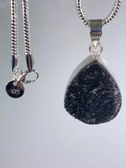 Natural Raw Black Tourmaline and Silver Pendant (F)