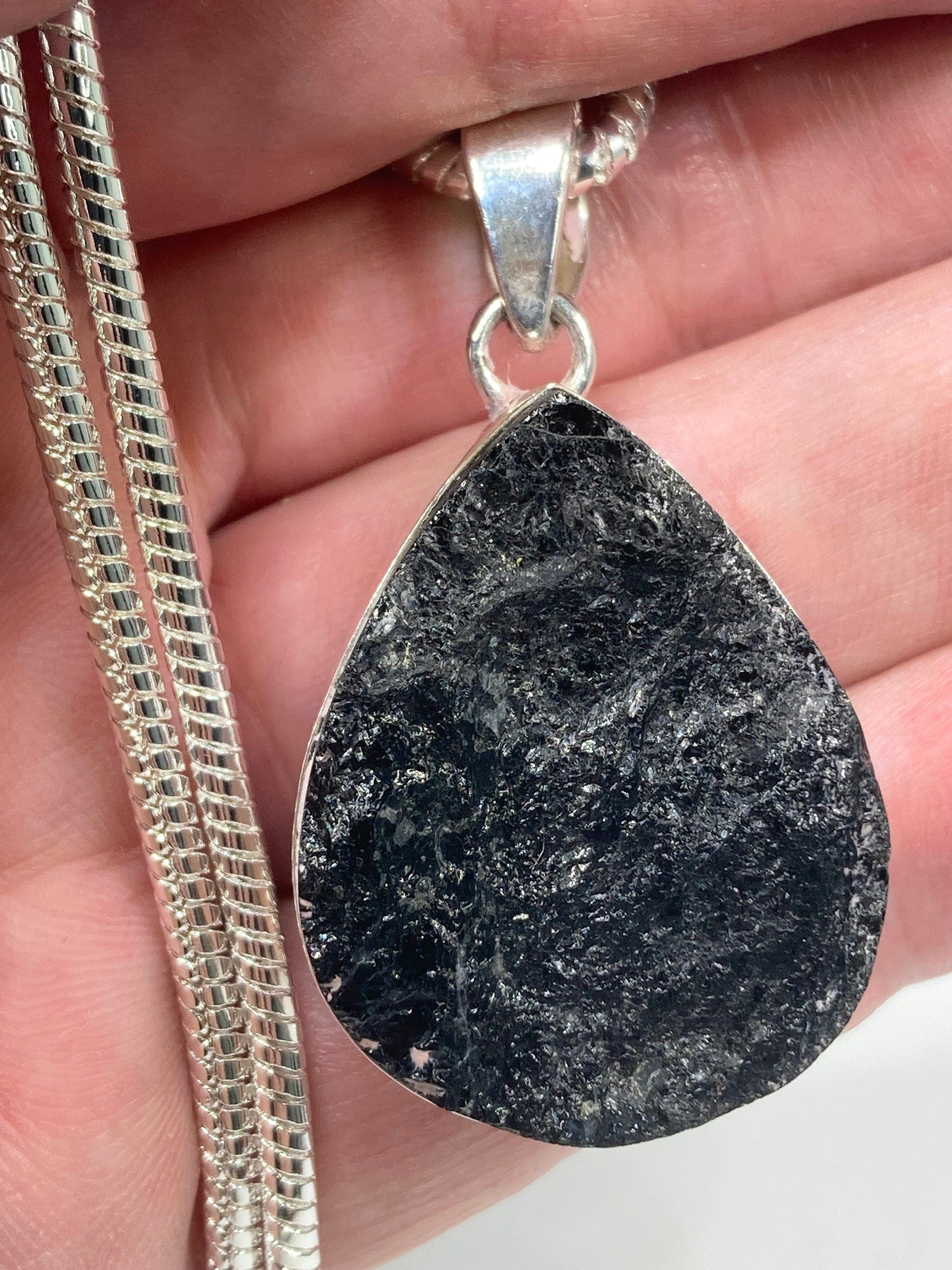 Natural Raw Black Tourmaline and Silver Pendant (F)