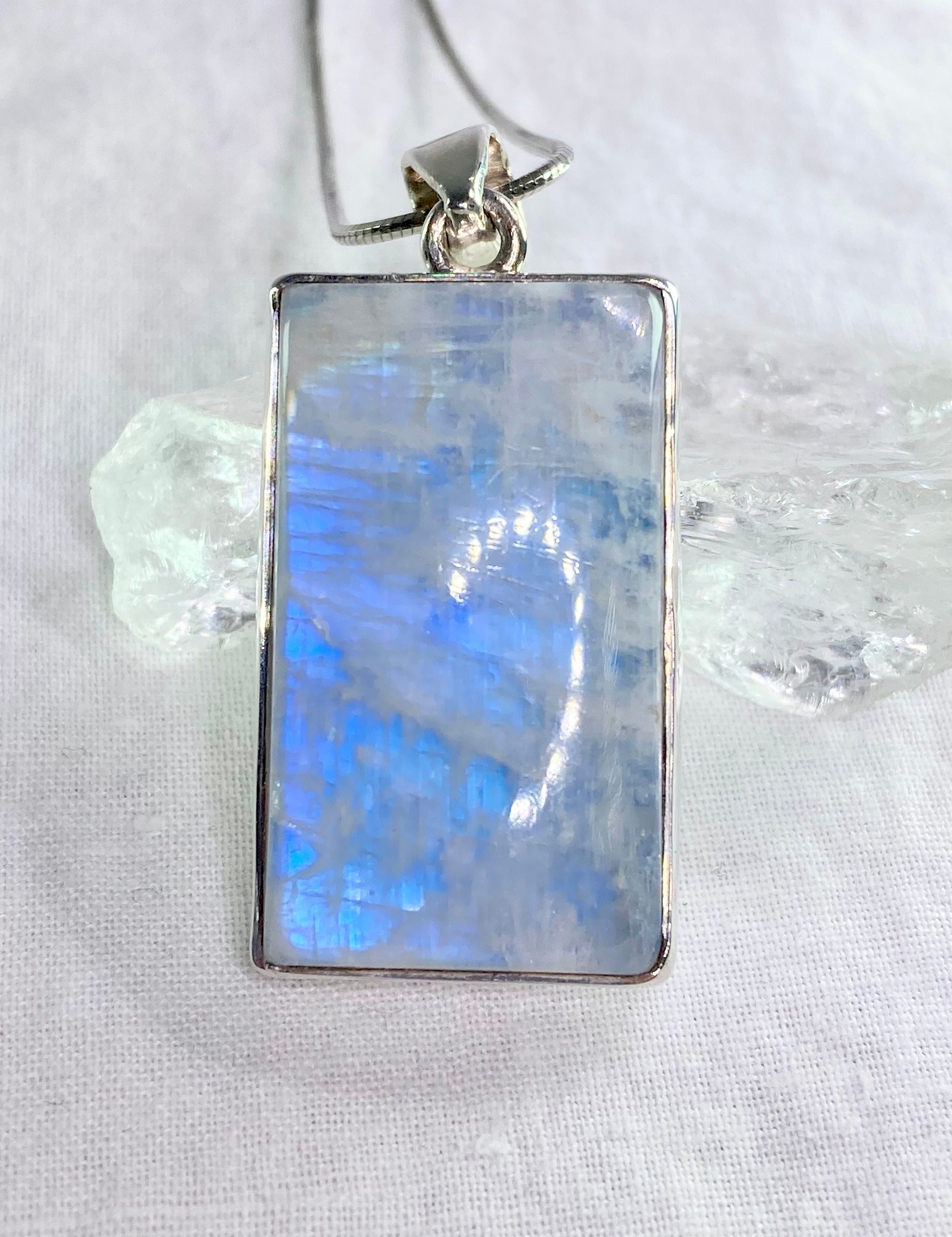 Blue Fire Moonstone and Silver Pendant Including the Snake Chain