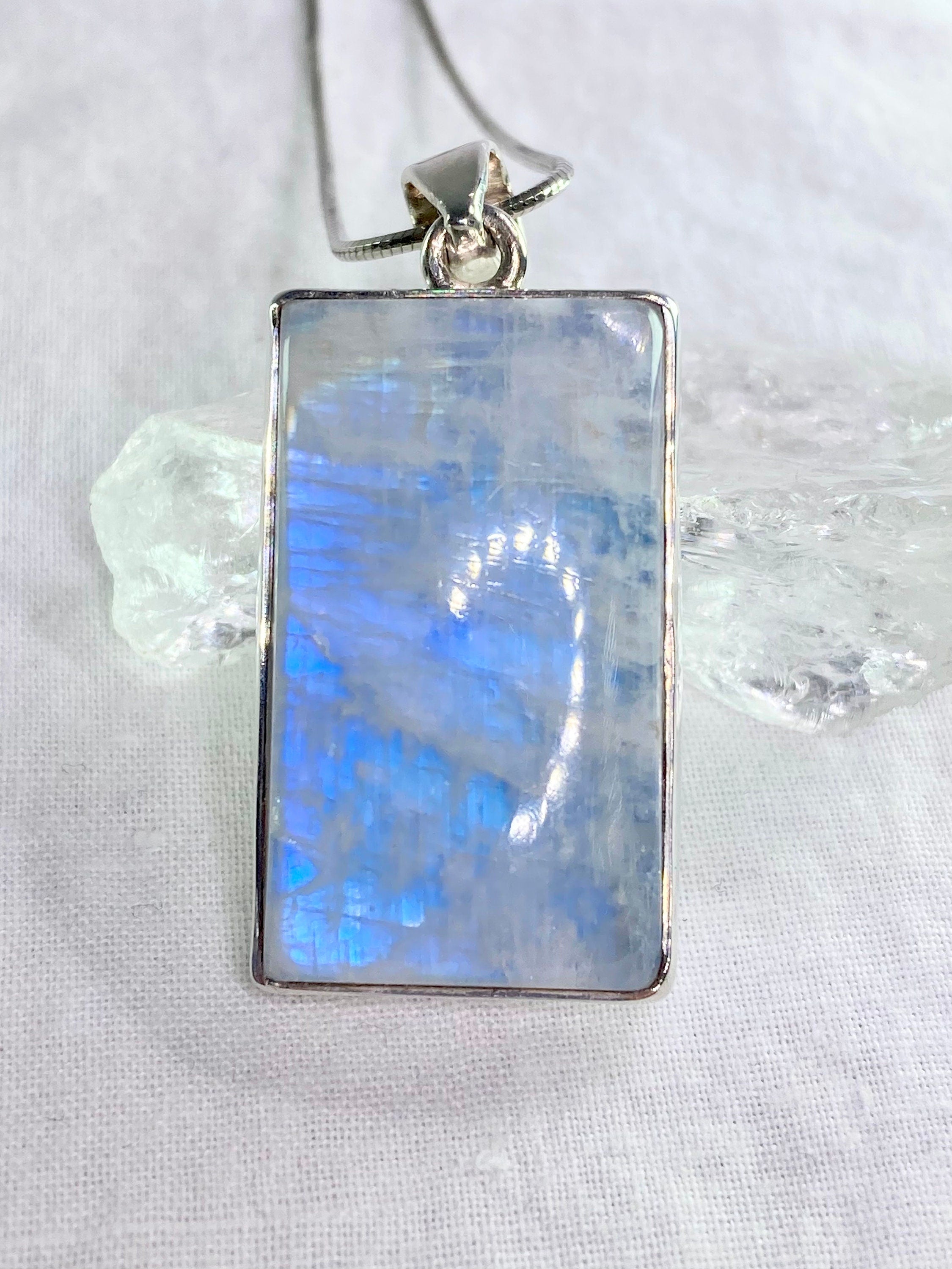 Blue Fire Moonstone and Silver Pendant Including the Snake Chain