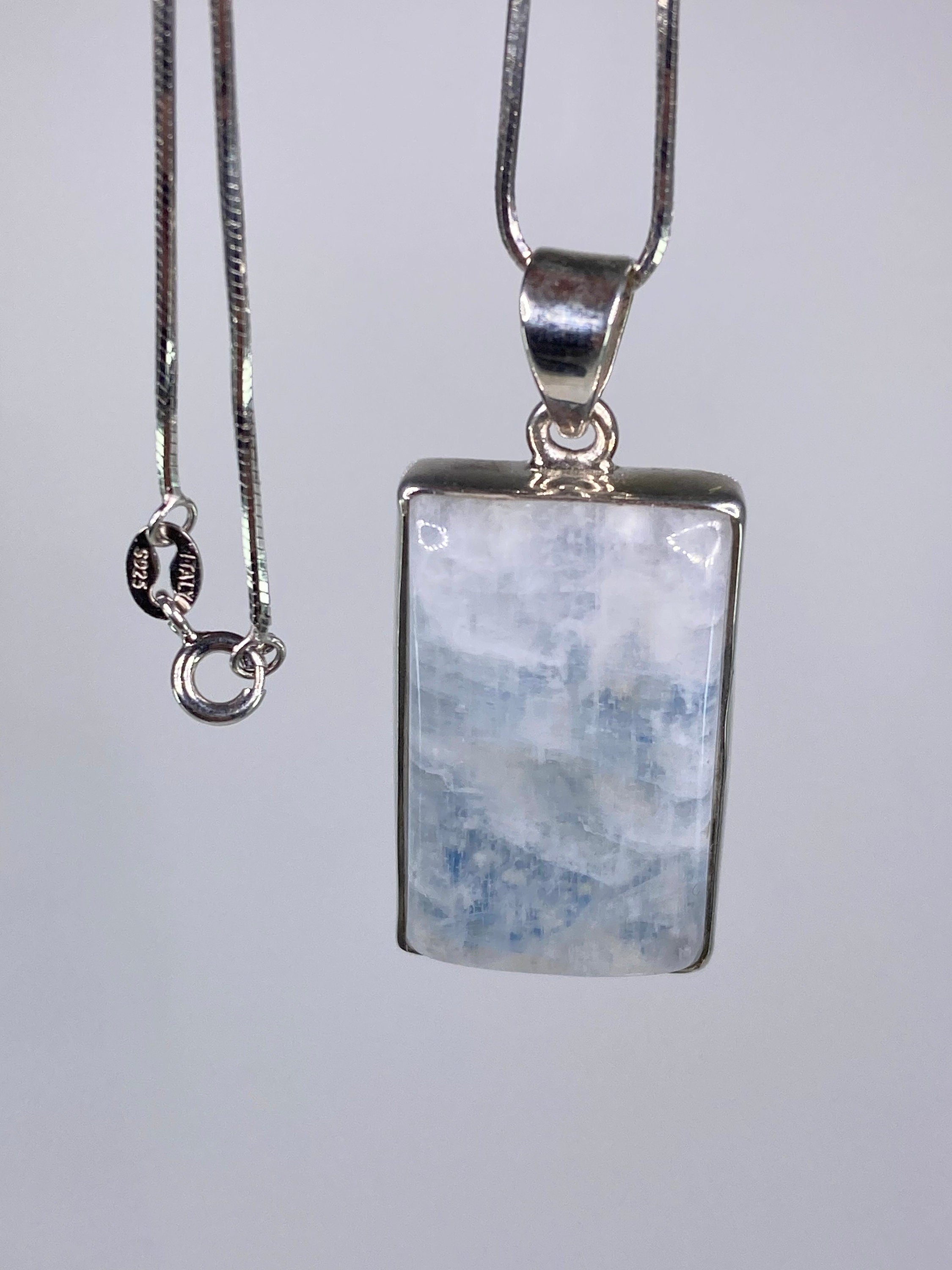 Blue Fire Moonstone and Silver Pendant Including the Snake Chain