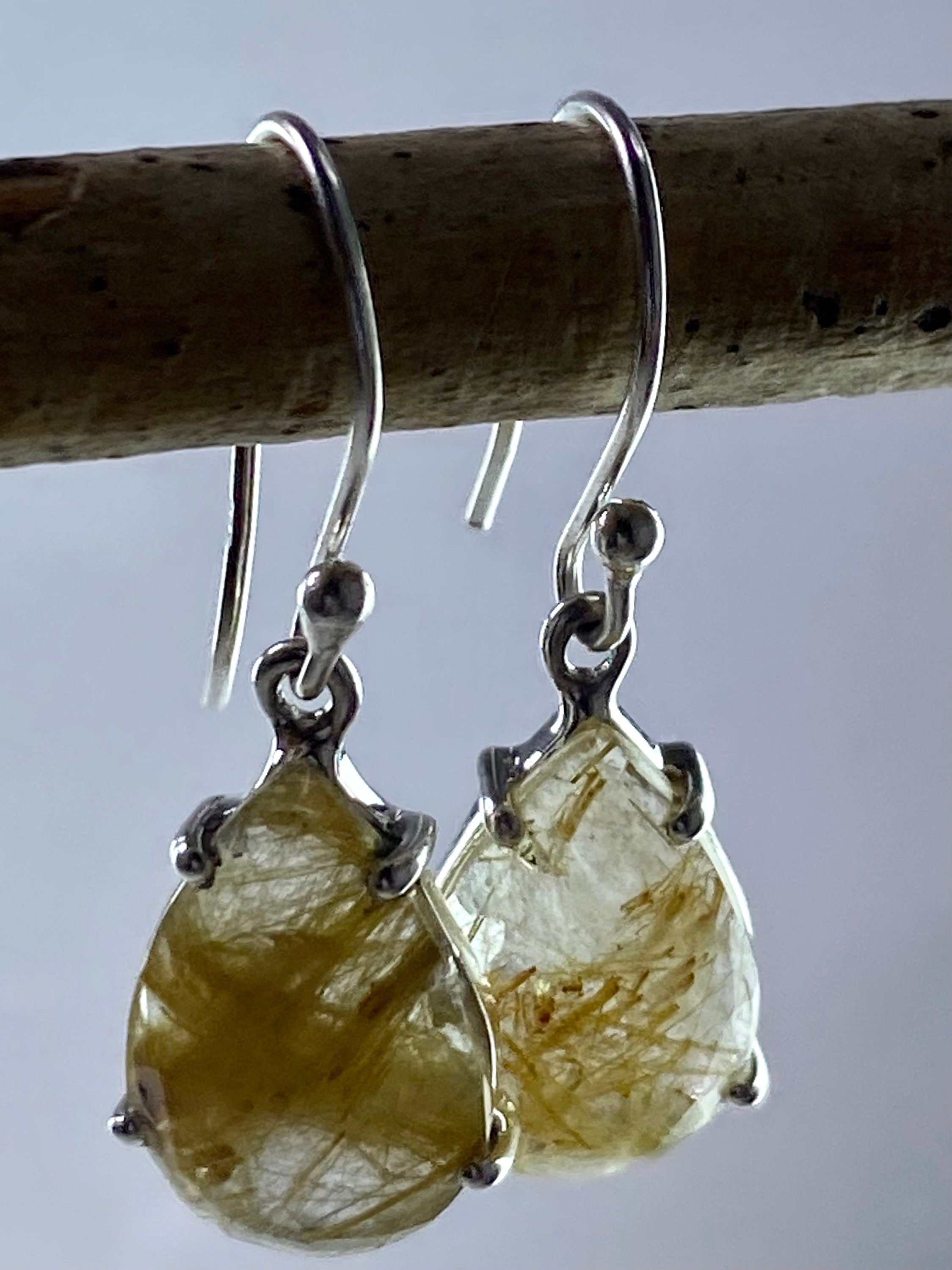 Gold Rutilated Quartz and Silver Earrings