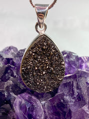 A Beautifully Sparkling Black Druzy Agate and Silver Pendant