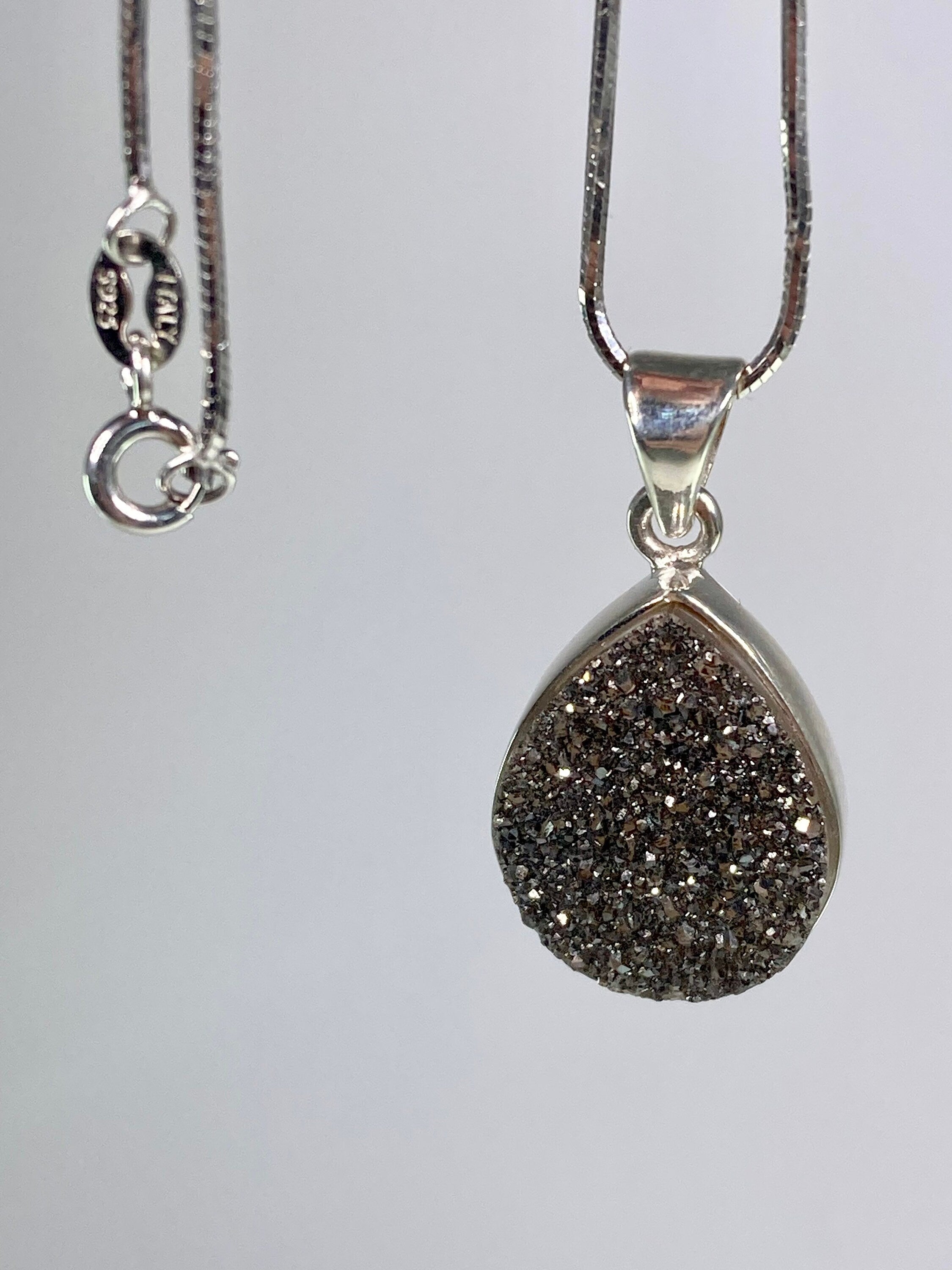 A Beautifully Sparkling Black Druzy Agate and Silver Pendant