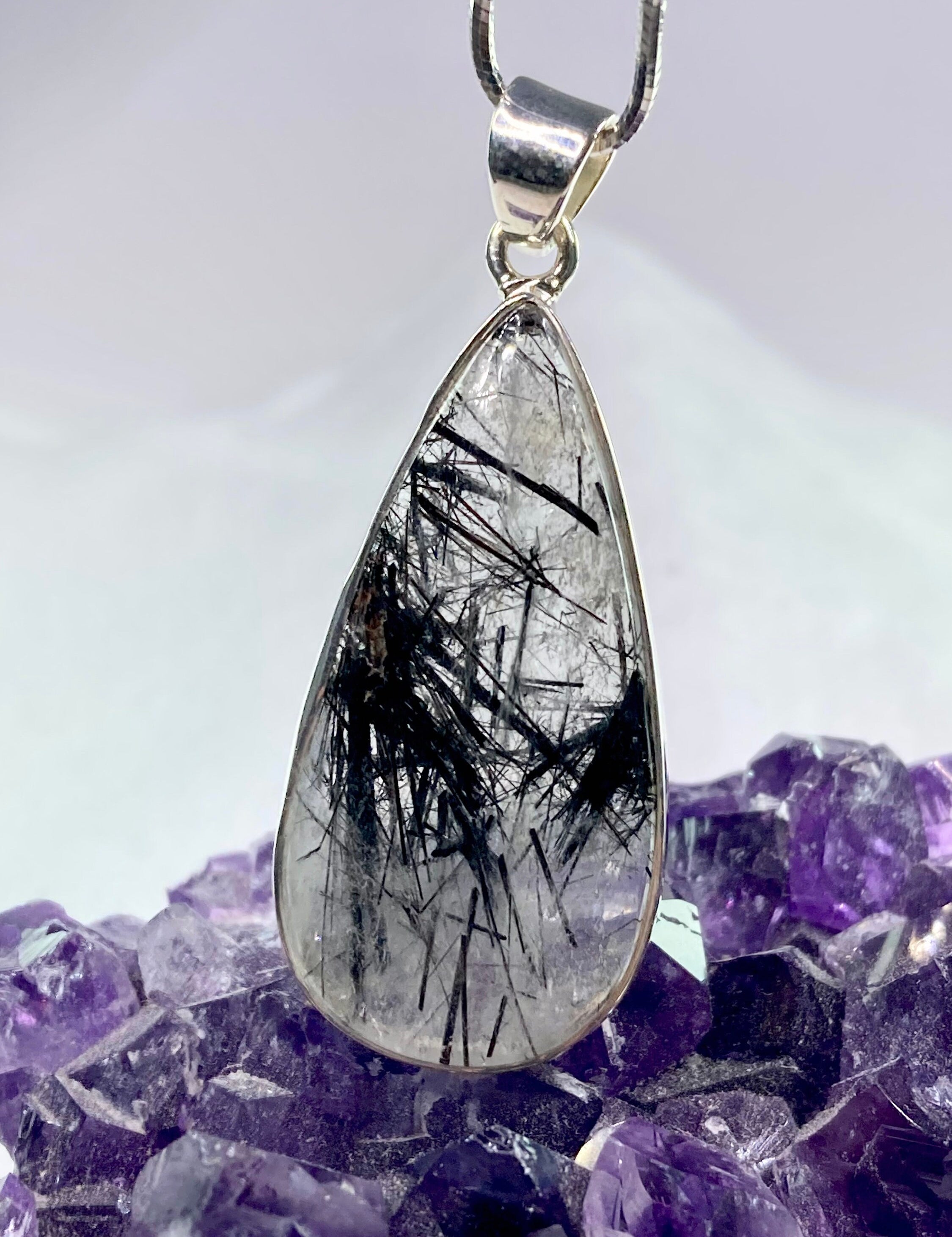 Black Tourmaline Rutilated Quartz and Silver Pendant