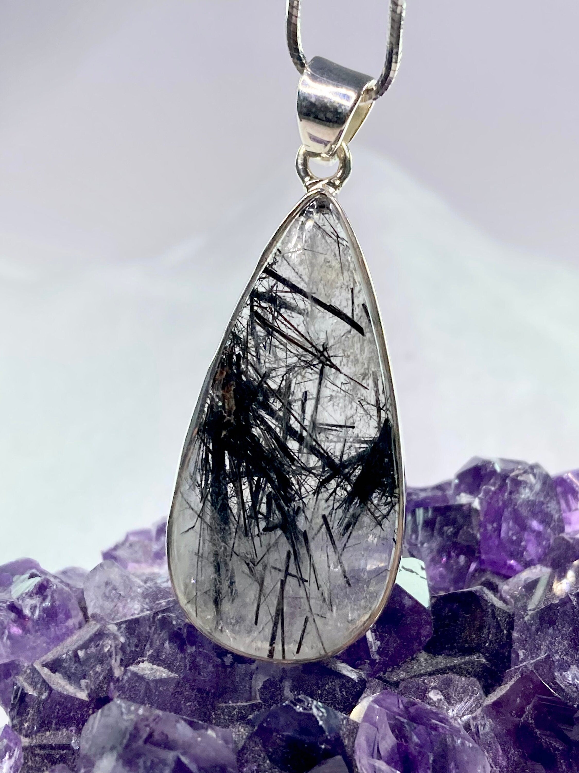 Black Tourmaline Rutilated Quartz and Silver Pendant